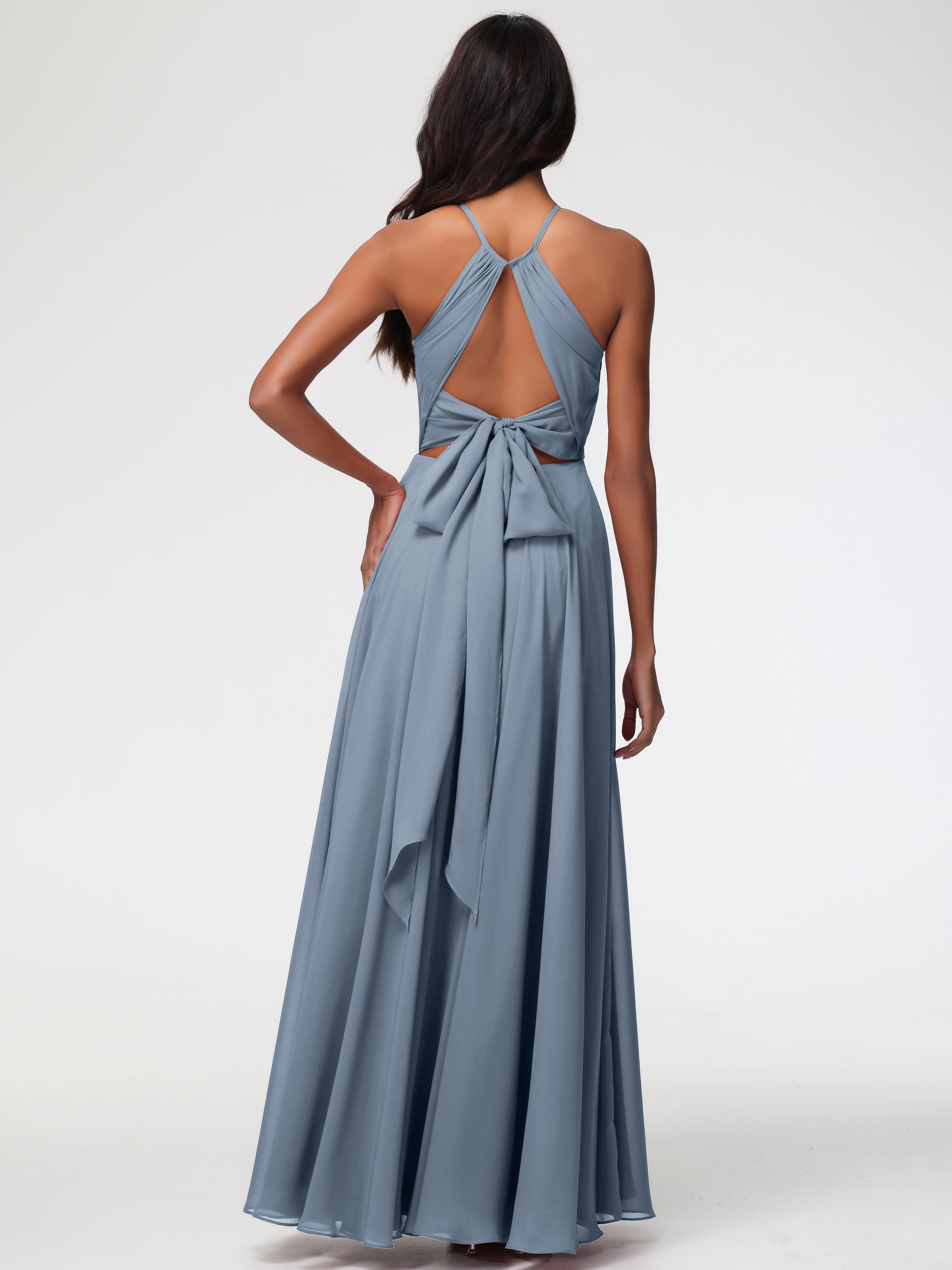 Robe Demoiselle D Honneur Bleu Poussiereux Licou Fendue Mousseline Robe Demoiselle D'Honneur Longue Plissée