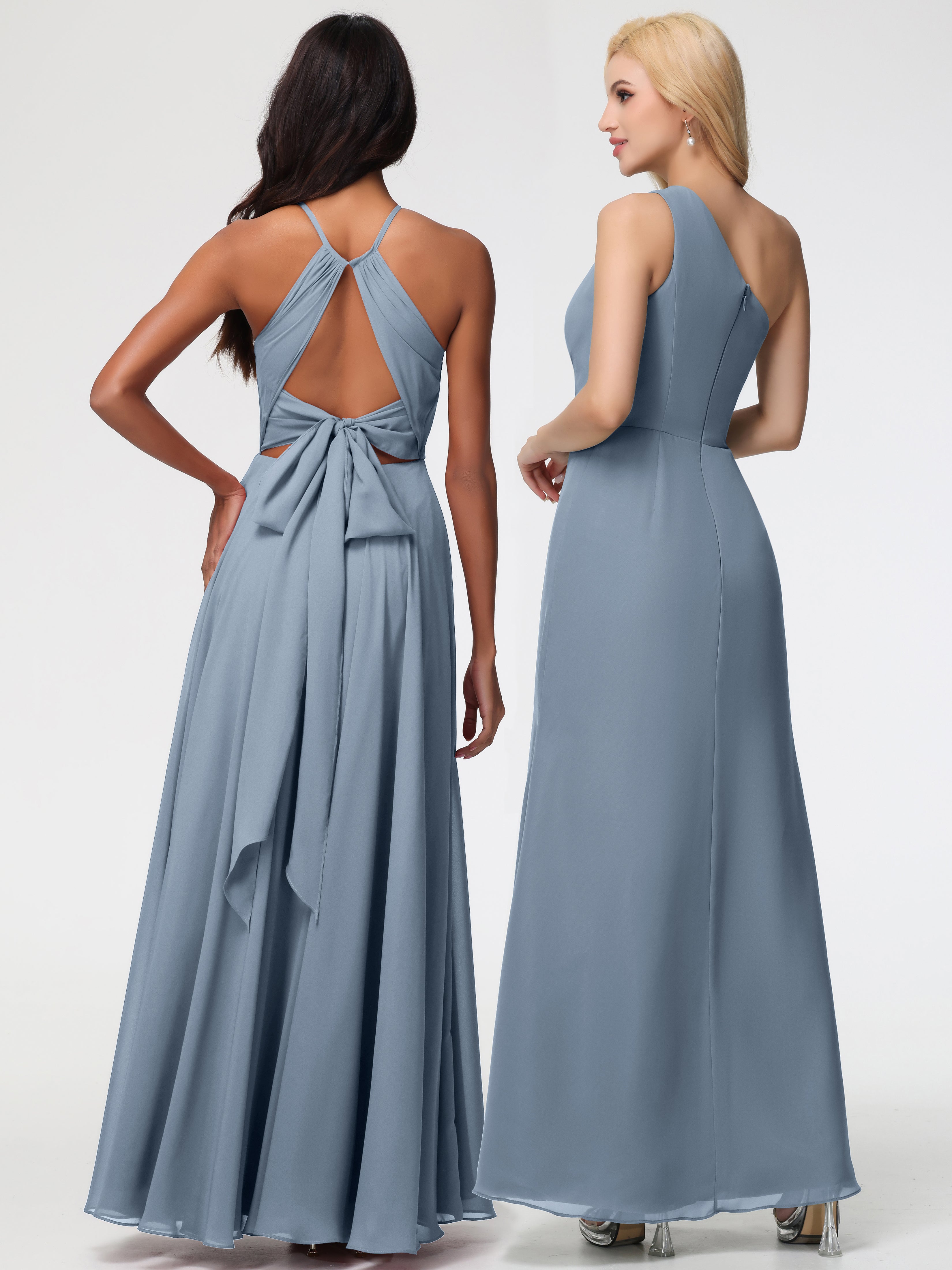 Robe Demoiselle D Honneur Bleu Poussiereux Licou Fendue Mousseline Robe Demoiselle D'Honneur Longue Plissée