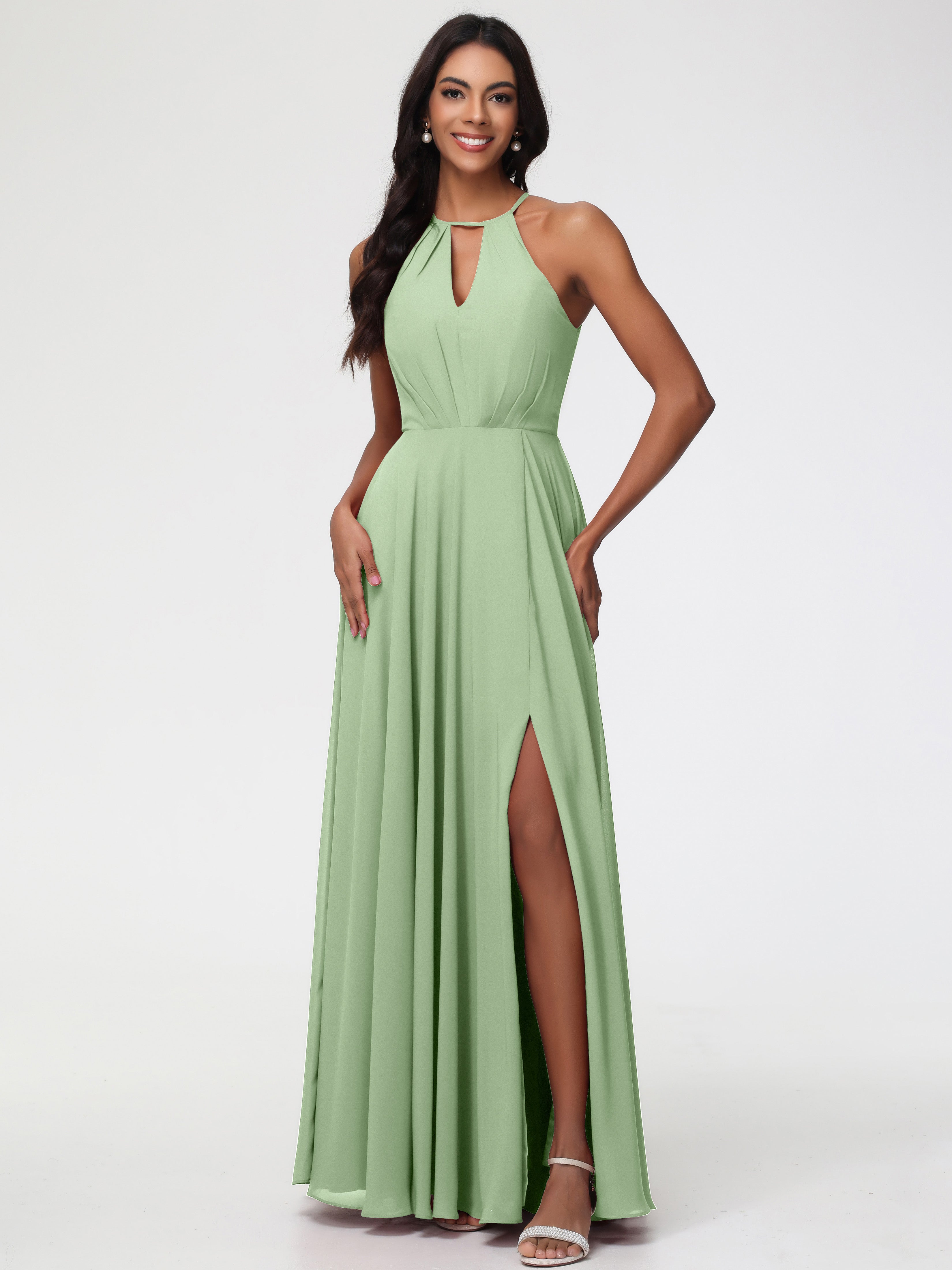 Robe Demoiselle D Honneur Sauge Poudrée Licou Fendue Mousseline Robe Demoiselle D'Honneur Longue Plissée