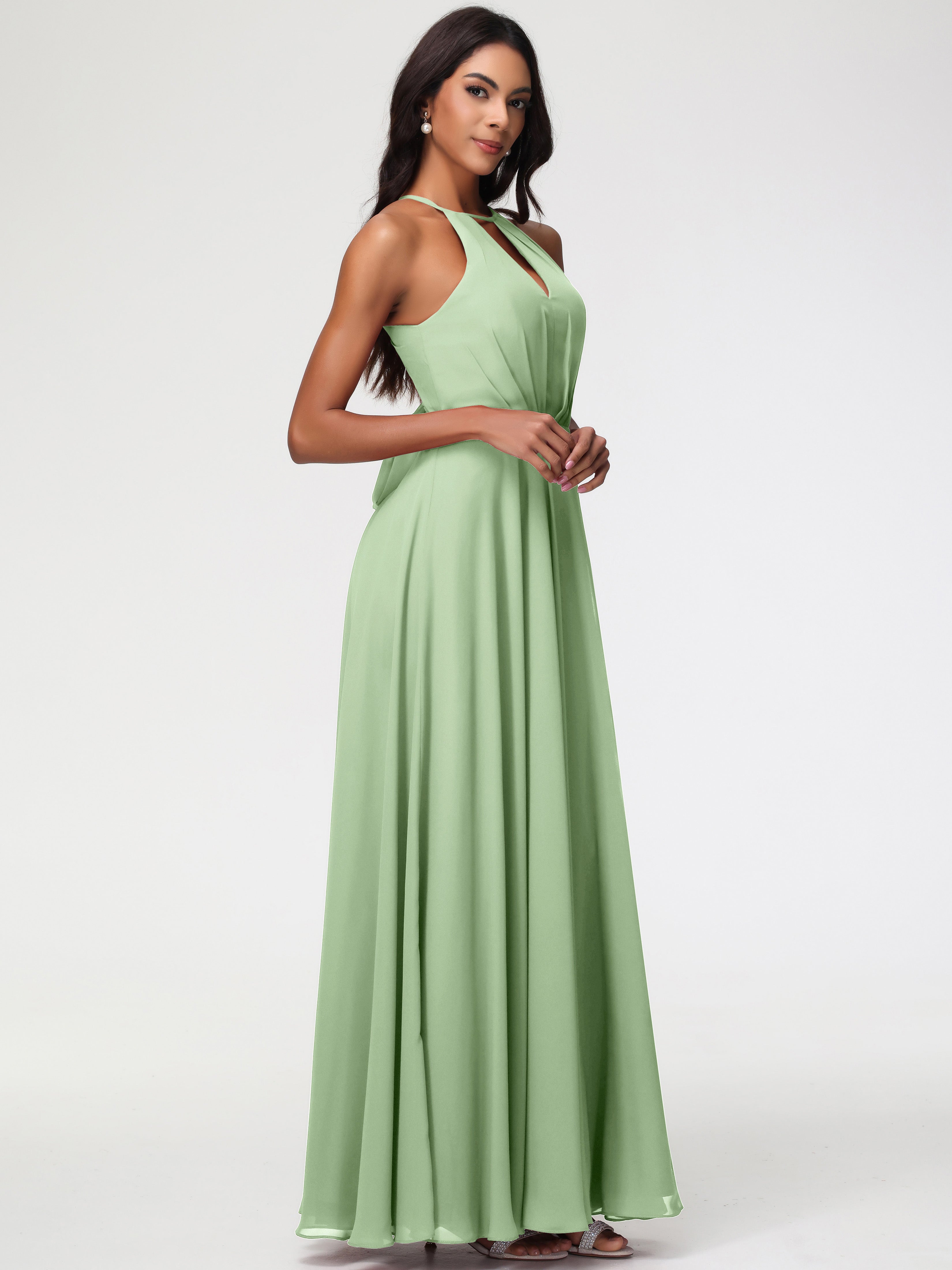 Robe Demoiselle D Honneur Sauge Poudrée Licou Fendue Mousseline Robe Demoiselle D'Honneur Longue Plissée