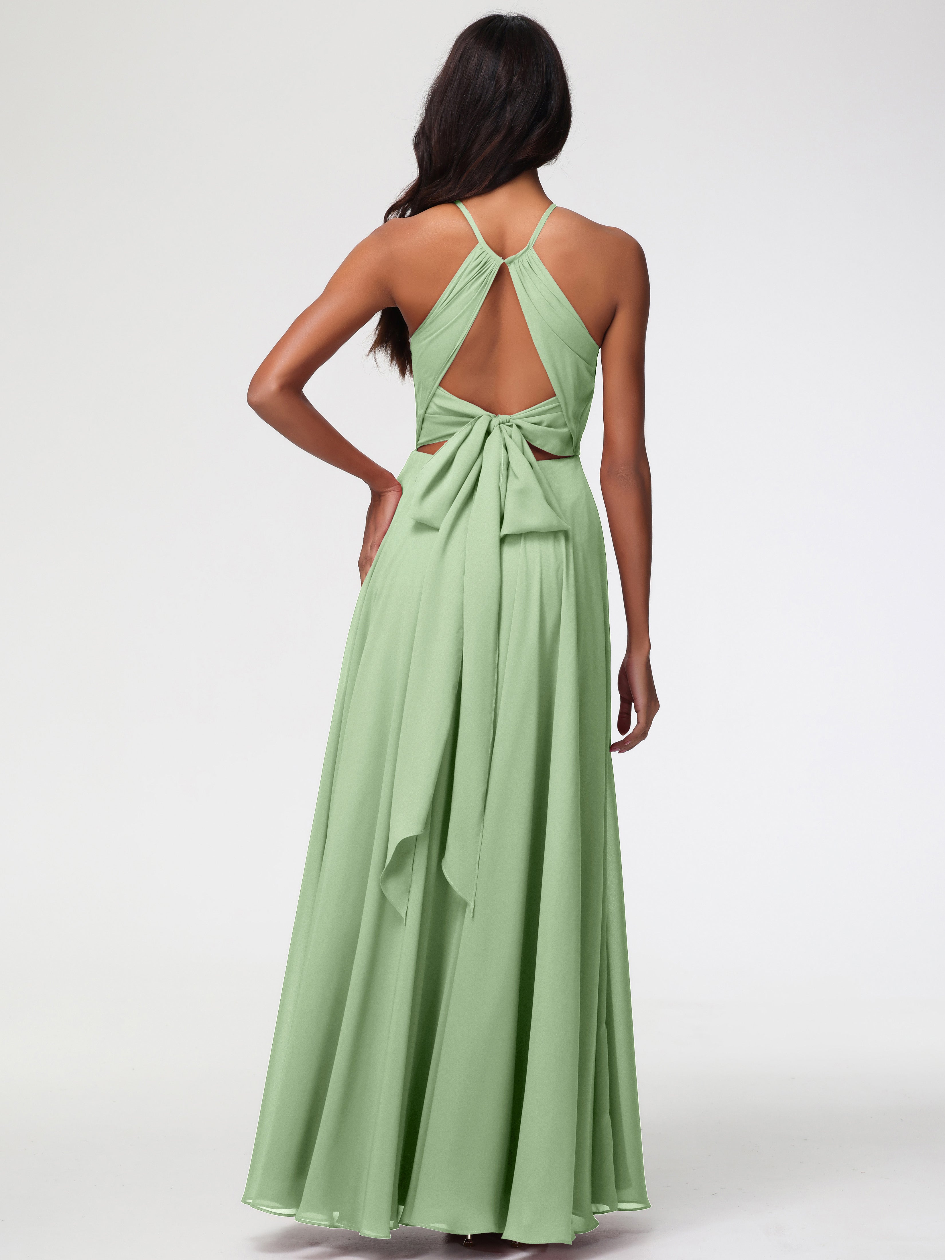 Robe Demoiselle D Honneur Sauge Poudrée Licou Fendue Mousseline Robe Demoiselle D'Honneur Longue Plissée