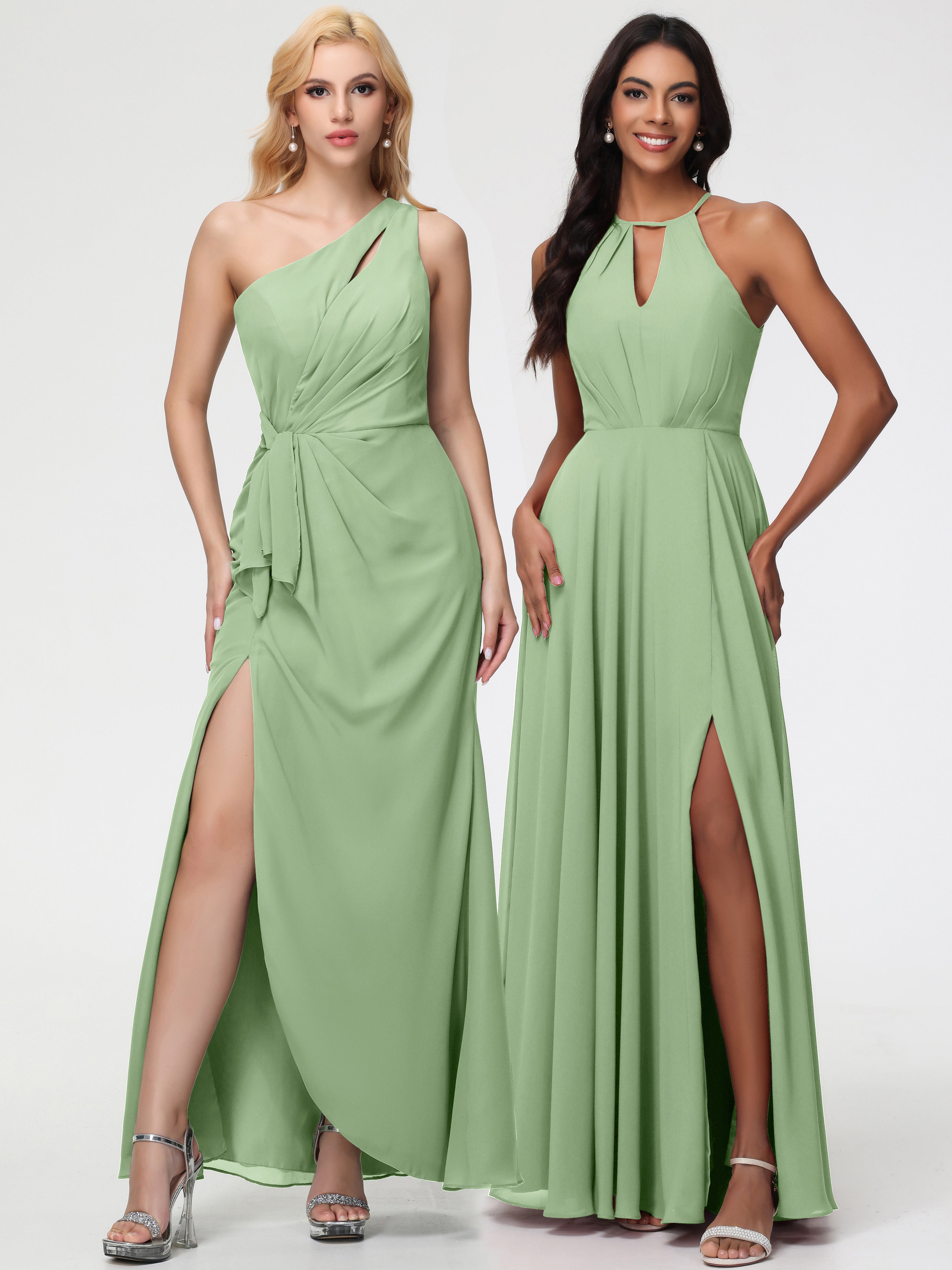 Robe Demoiselle D Honneur Sauge Poudrée Licou Fendue Mousseline Robe Demoiselle D'Honneur Longue Plissée