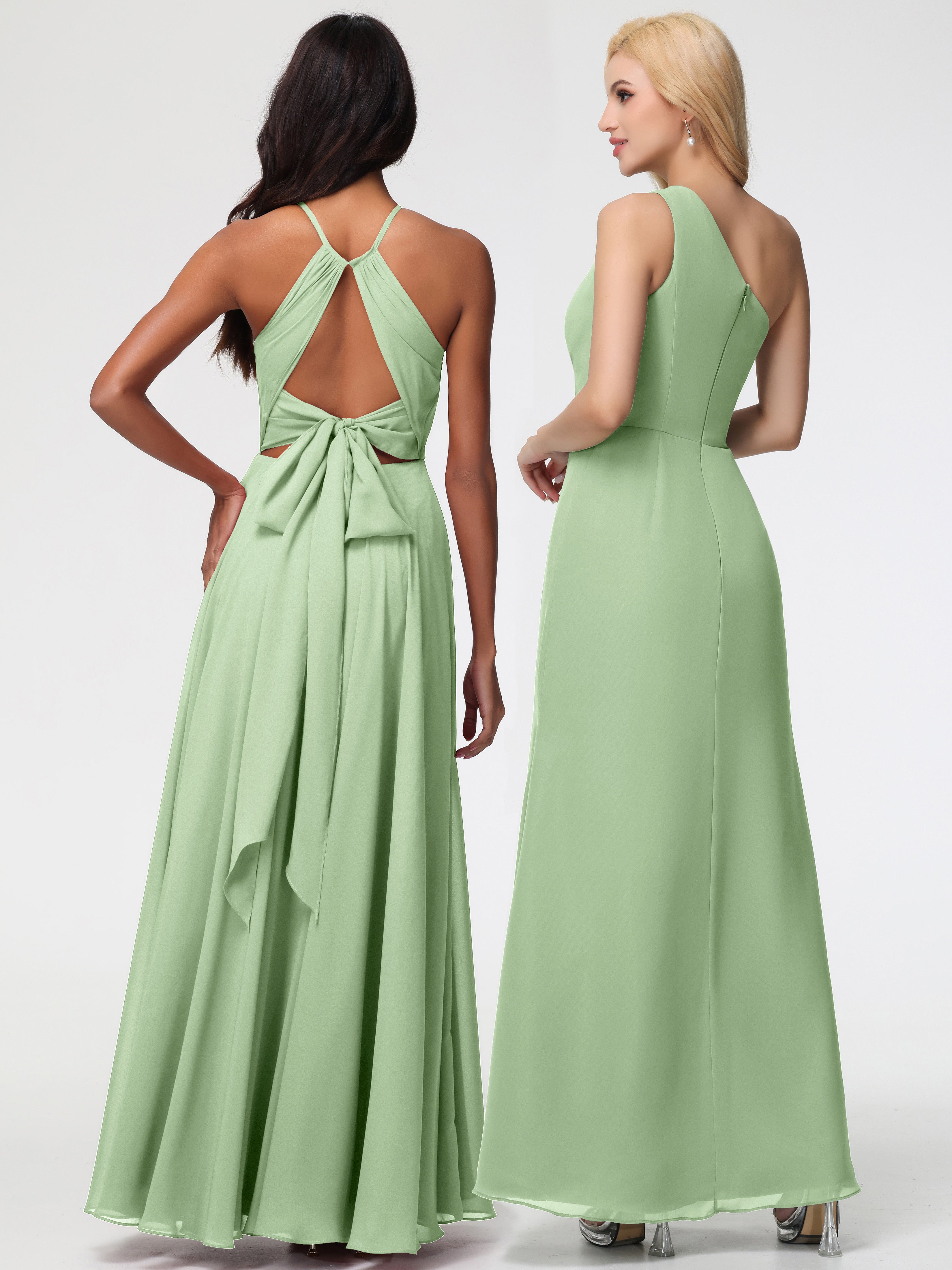 Robe Demoiselle D Honneur Sauge Poudrée Licou Fendue Mousseline Robe Demoiselle D'Honneur Longue Plissée