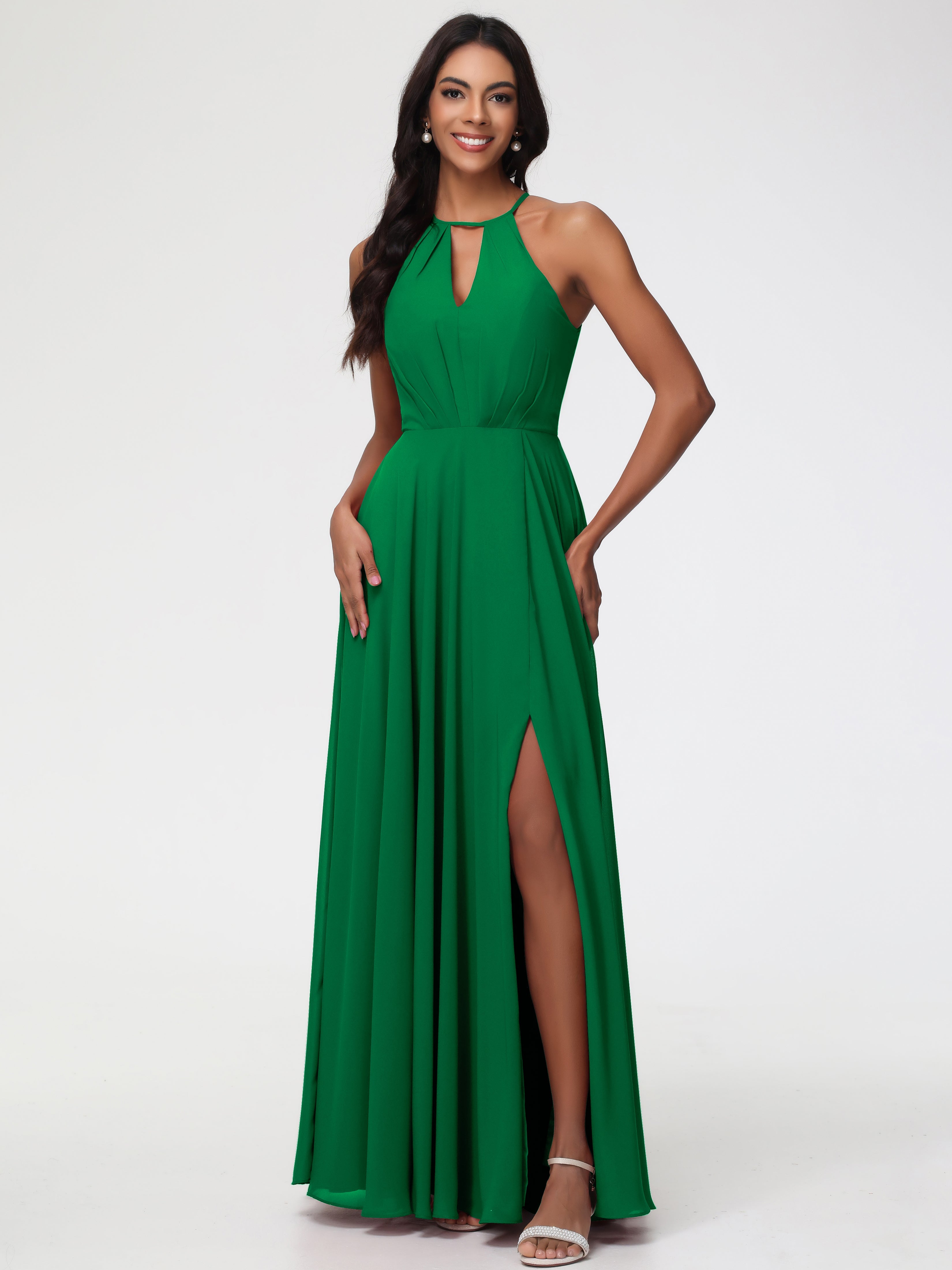 Robe Demoiselle D Honneur Vert Emeraude Licou Fendue Mousseline Robe Demoiselle D'Honneur Longue Plissée