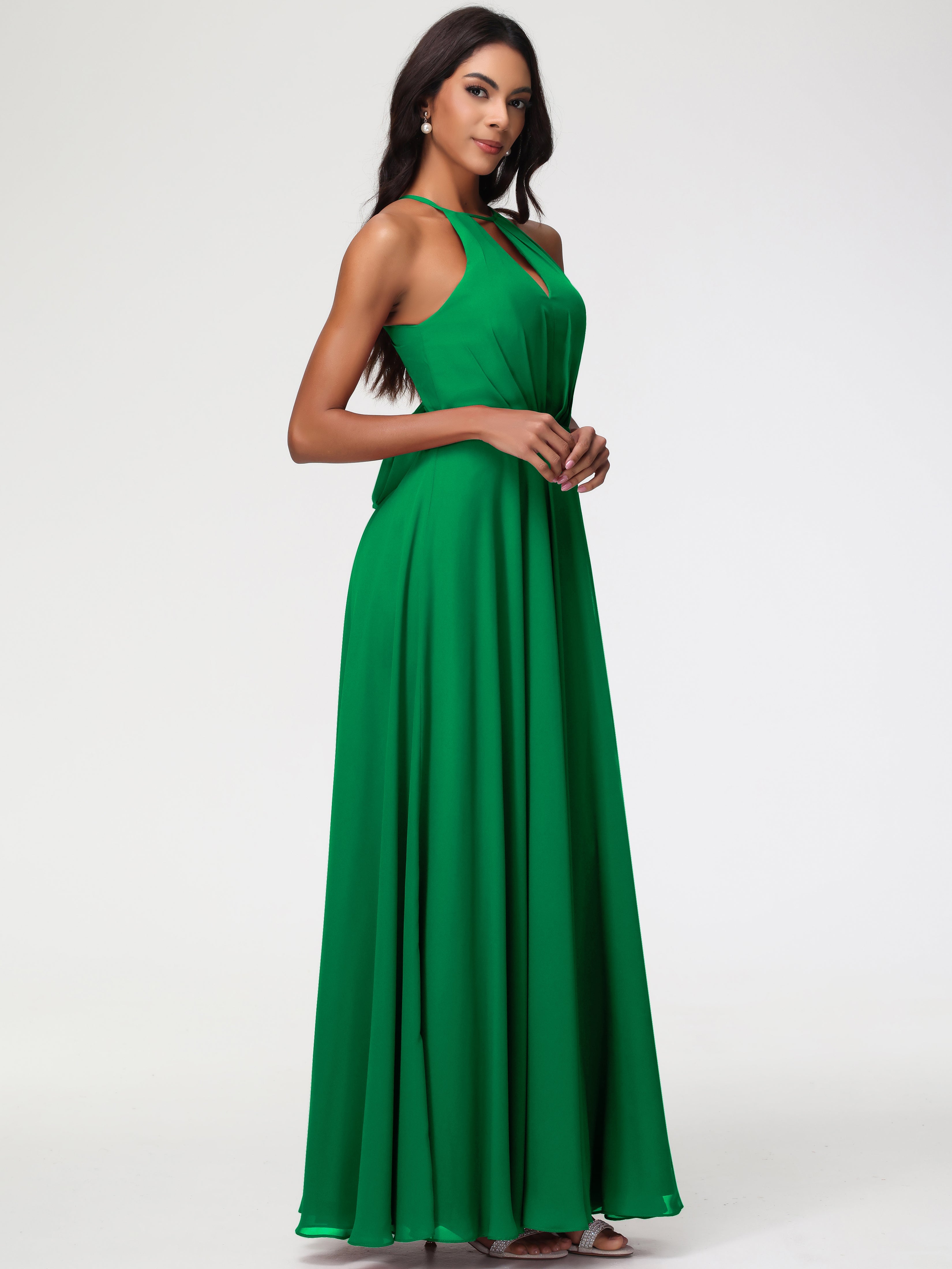 Robe Demoiselle D Honneur Vert Emeraude Licou Fendue Mousseline Robe Demoiselle D'Honneur Longue Plissée