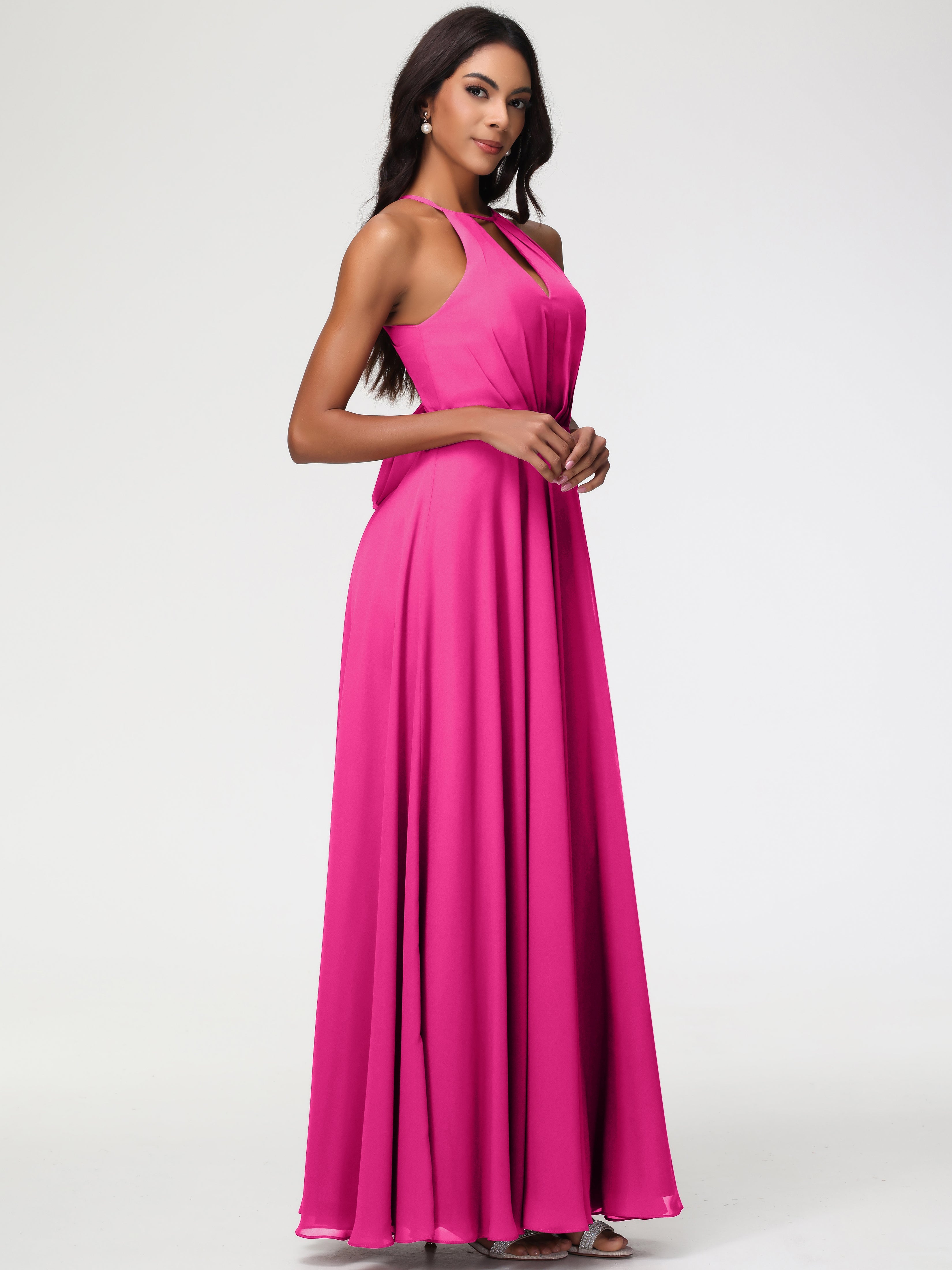 Robe Demoiselle D Honneur Fuchsia Licou Fendue Mousseline Robe Demoiselle D'Honneur Longue Plissée