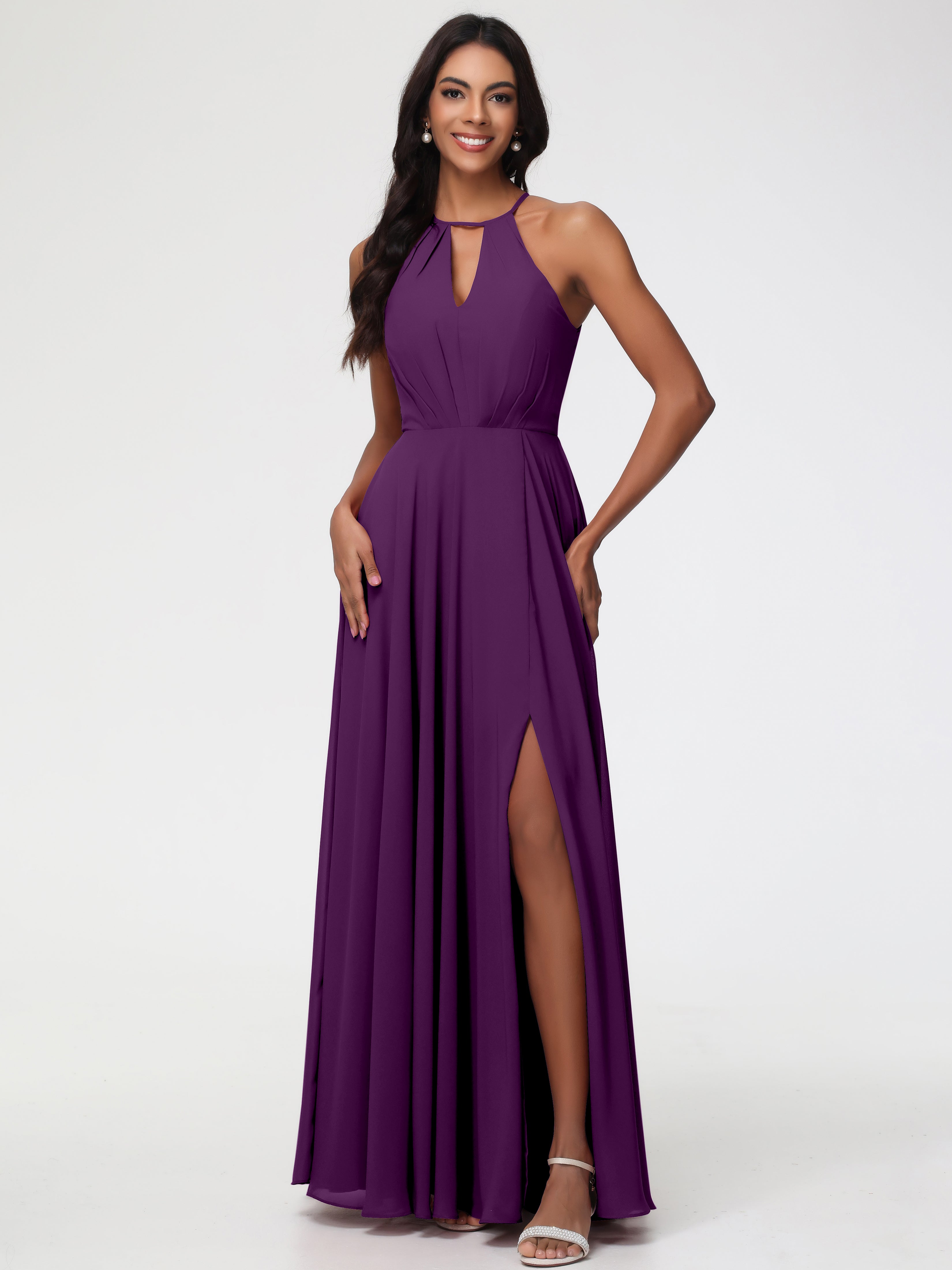 Robes De Demoiselle D'Honneur En Raisin Licou Fendue Mousseline Robe Demoiselle D'Honneur Longue Plissée