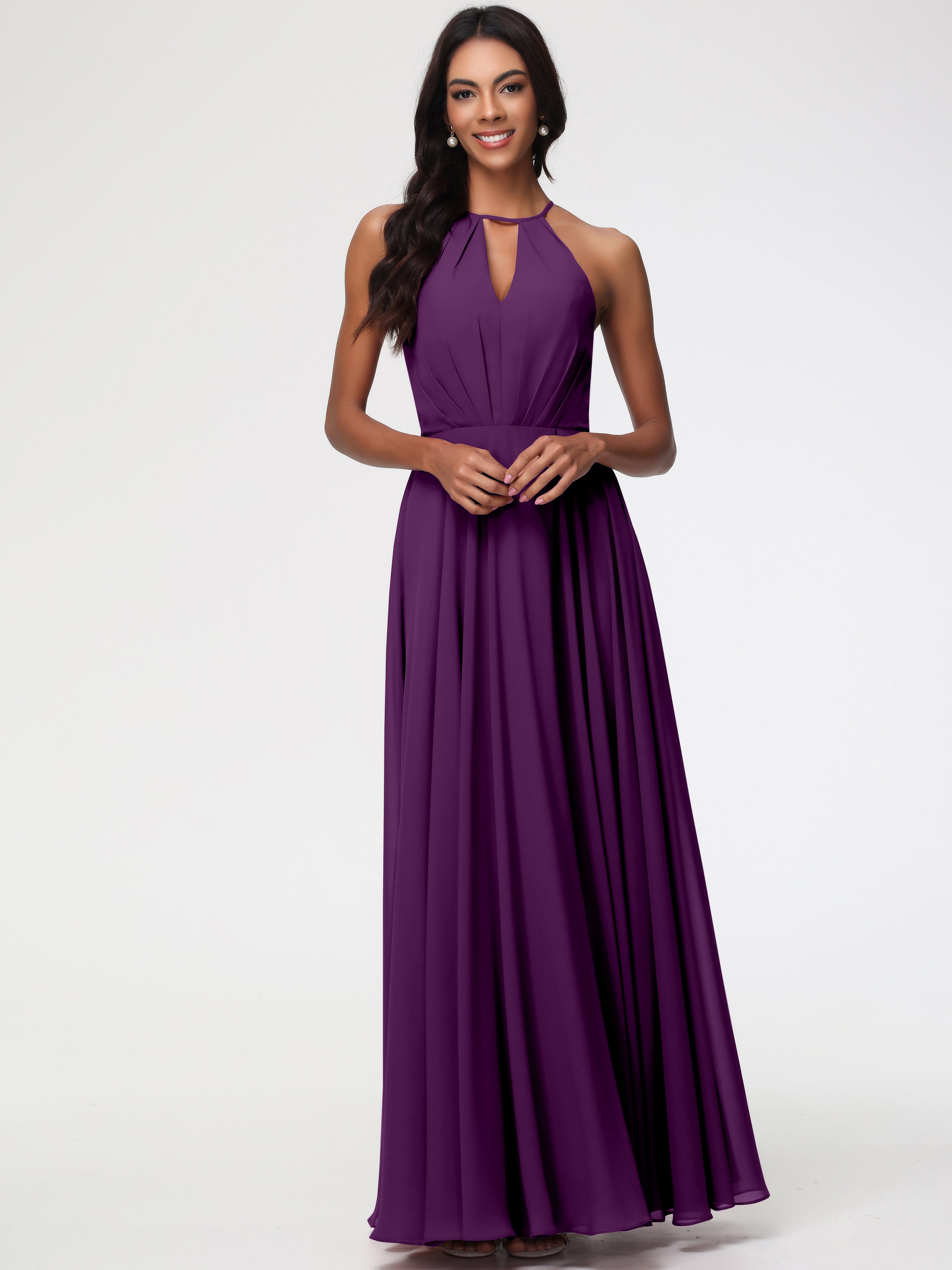 Robes De Demoiselle D'Honneur En Raisin Licou Fendue Mousseline Robe Demoiselle D'Honneur Longue Plissée