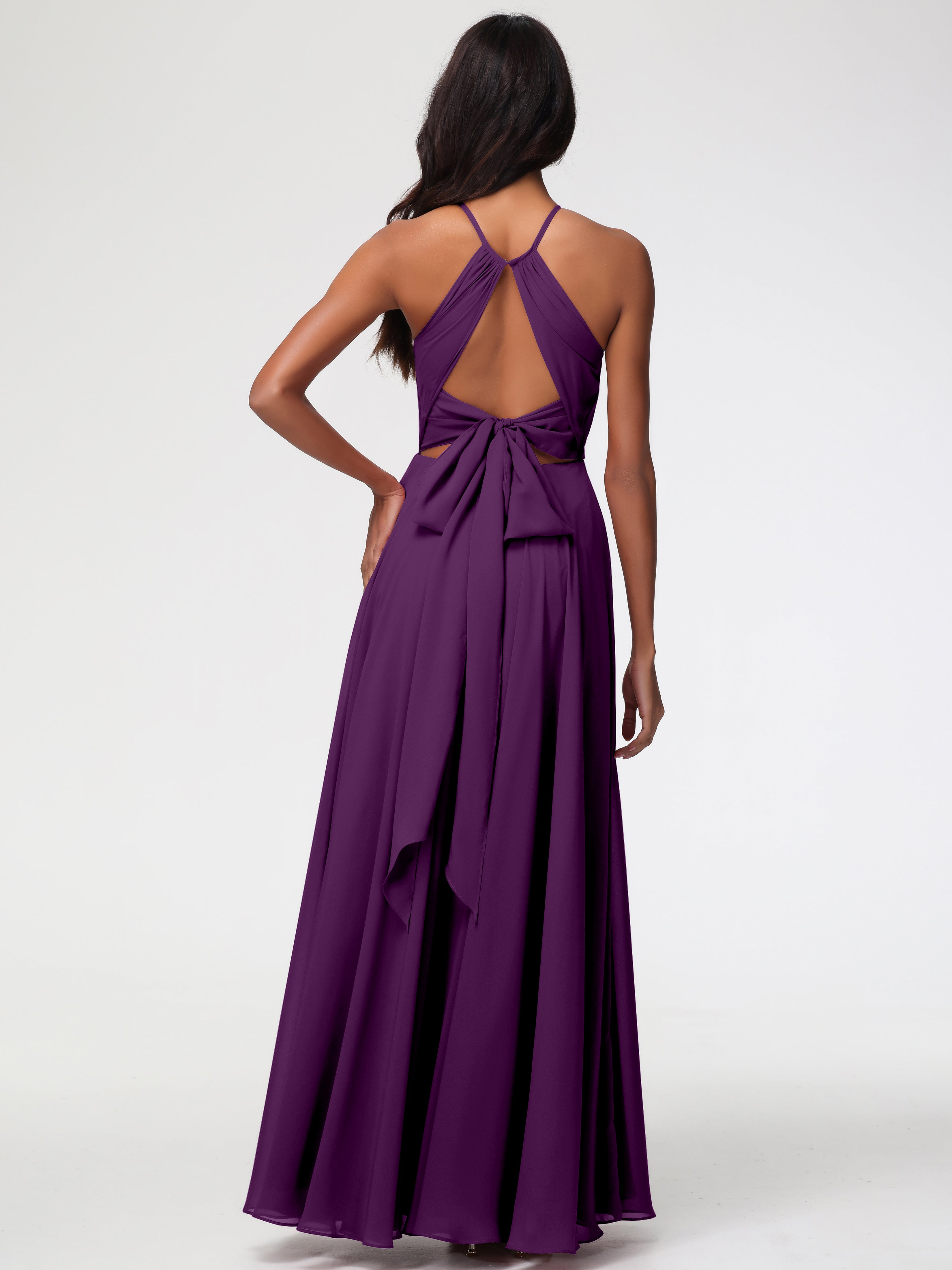 Robes De Demoiselle D'Honneur En Raisin Licou Fendue Mousseline Robe Demoiselle D'Honneur Longue Plissée