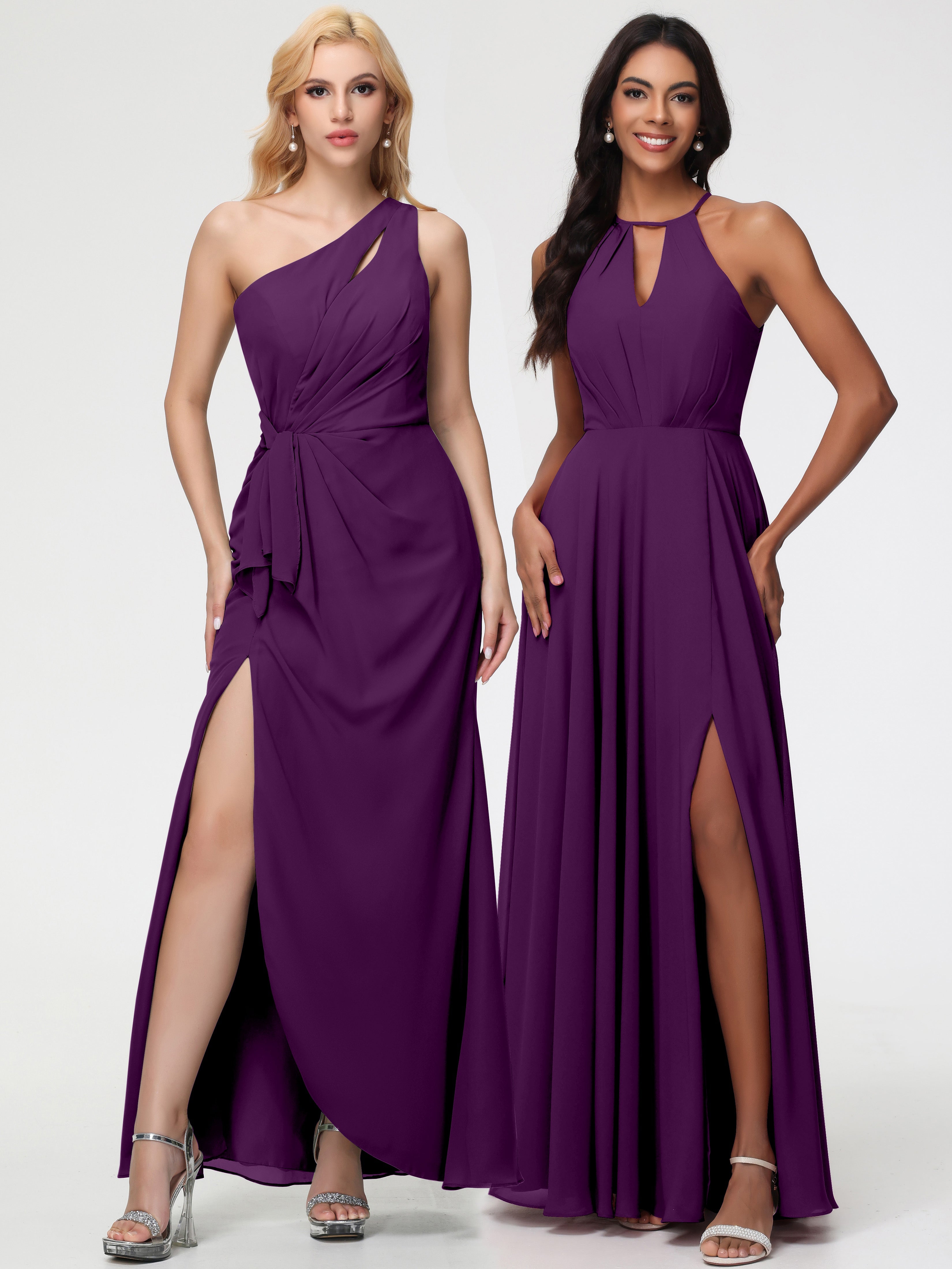 Robes De Demoiselle D'Honneur En Raisin Licou Fendue Mousseline Robe Demoiselle D'Honneur Longue Plissée