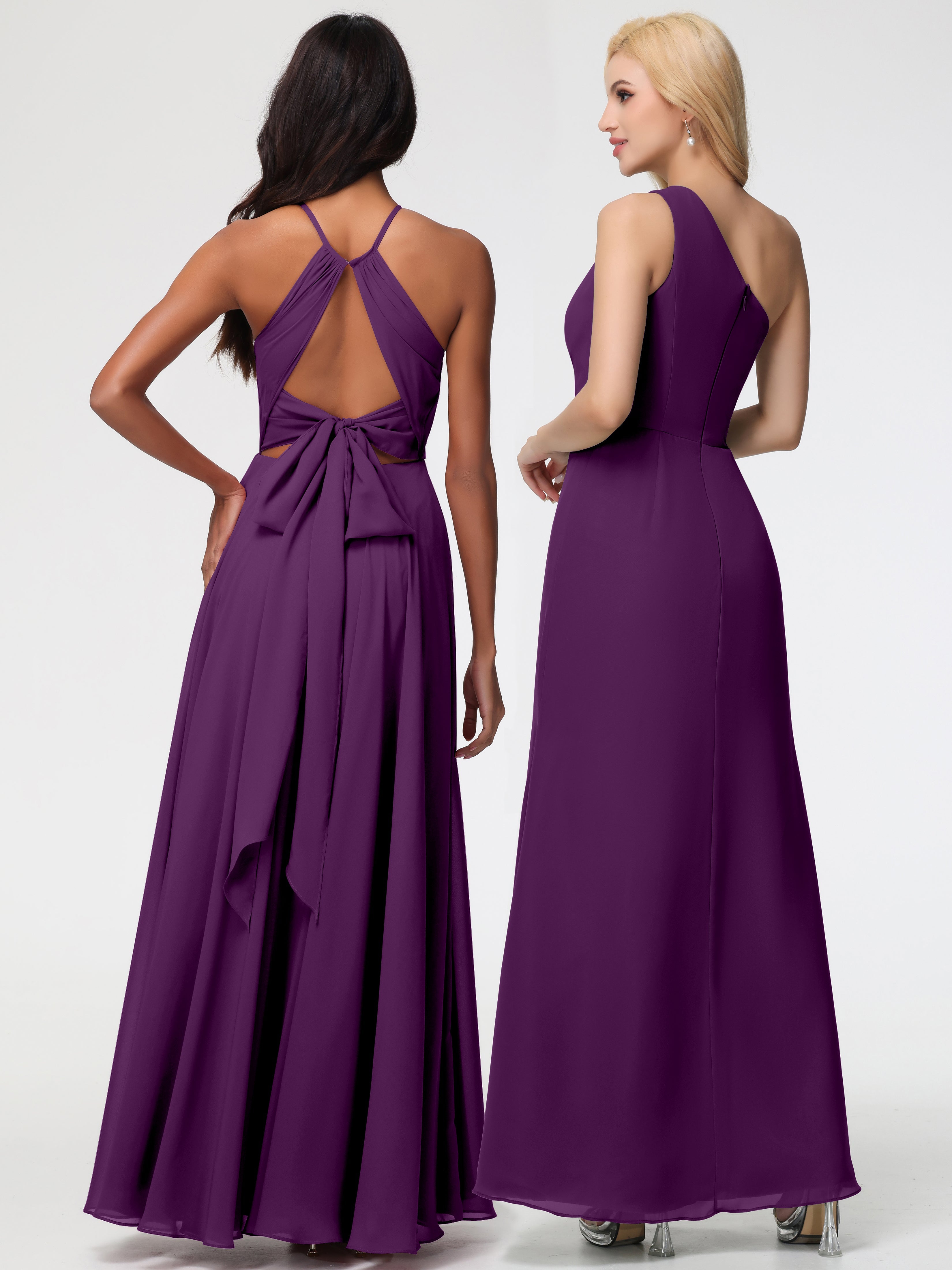 Robes De Demoiselle D'Honneur En Raisin Licou Fendue Mousseline Robe Demoiselle D'Honneur Longue Plissée
