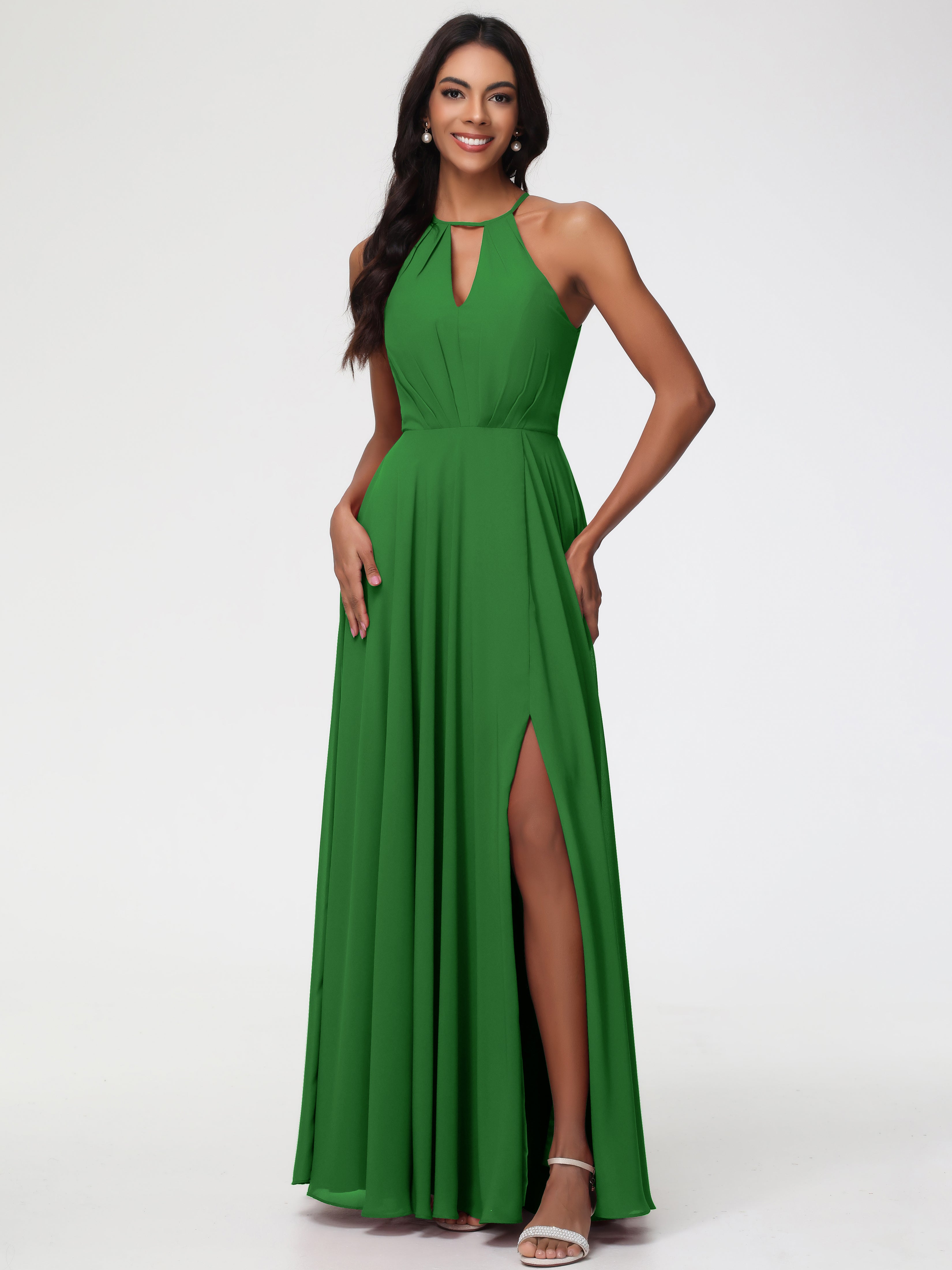 Robe Demoiselle D Honneur Vert Licou Fendue Mousseline Robe Demoiselle D'Honneur Longue Plissée