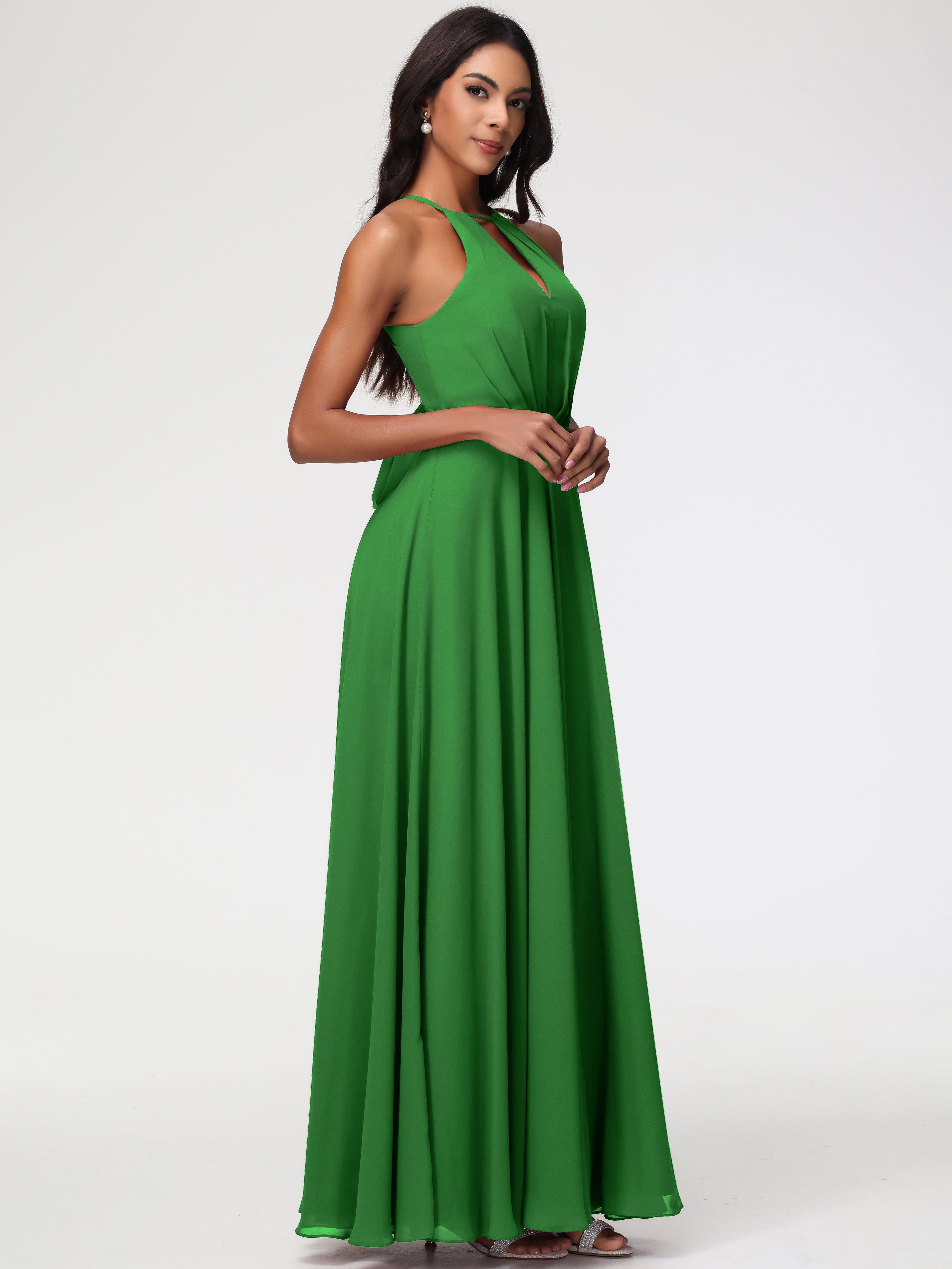 Robe Demoiselle D Honneur Vert Licou Fendue Mousseline Robe Demoiselle D'Honneur Longue Plissée