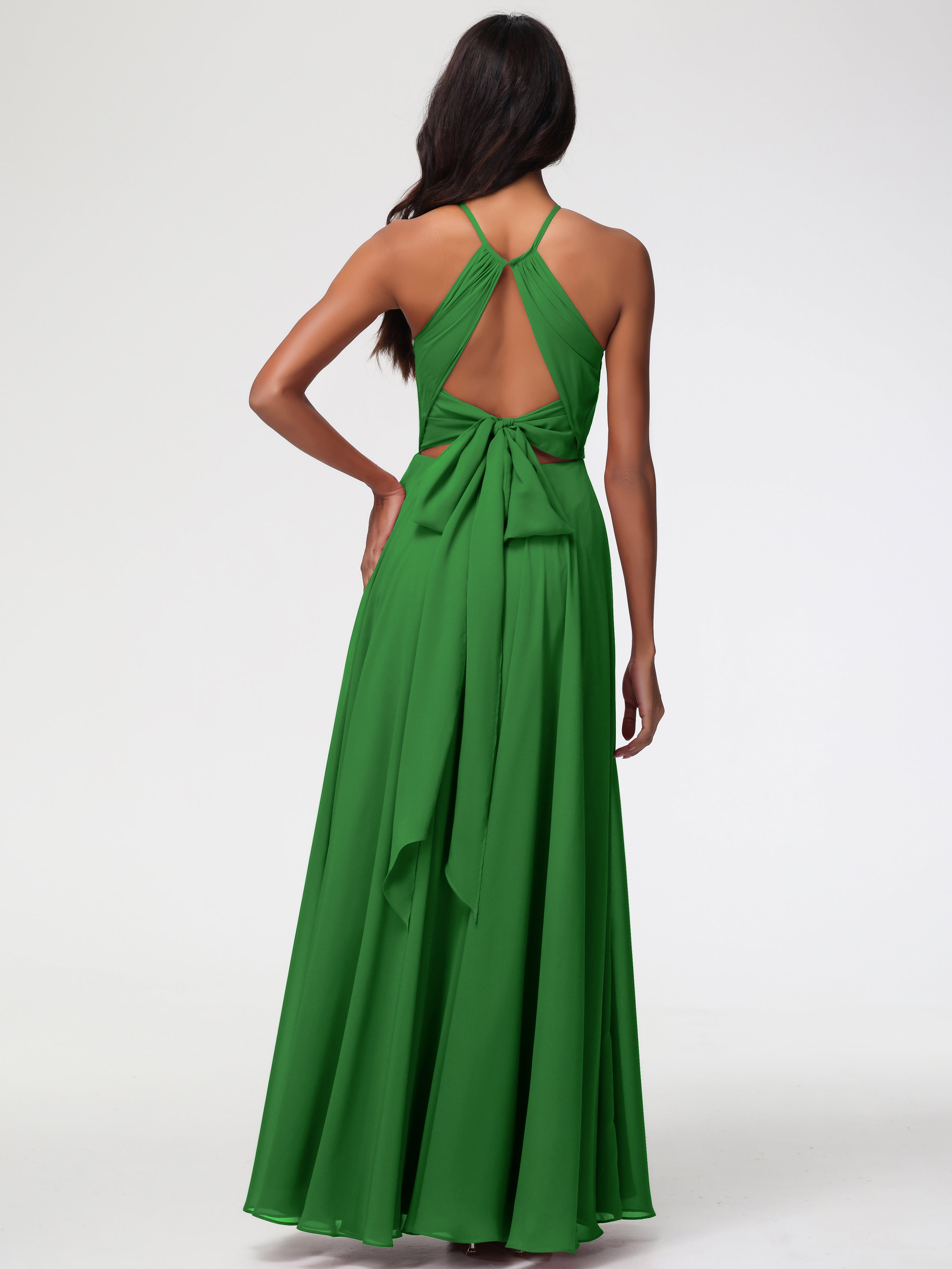 Robe Demoiselle D Honneur Vert Licou Fendue Mousseline Robe Demoiselle D'Honneur Longue Plissée