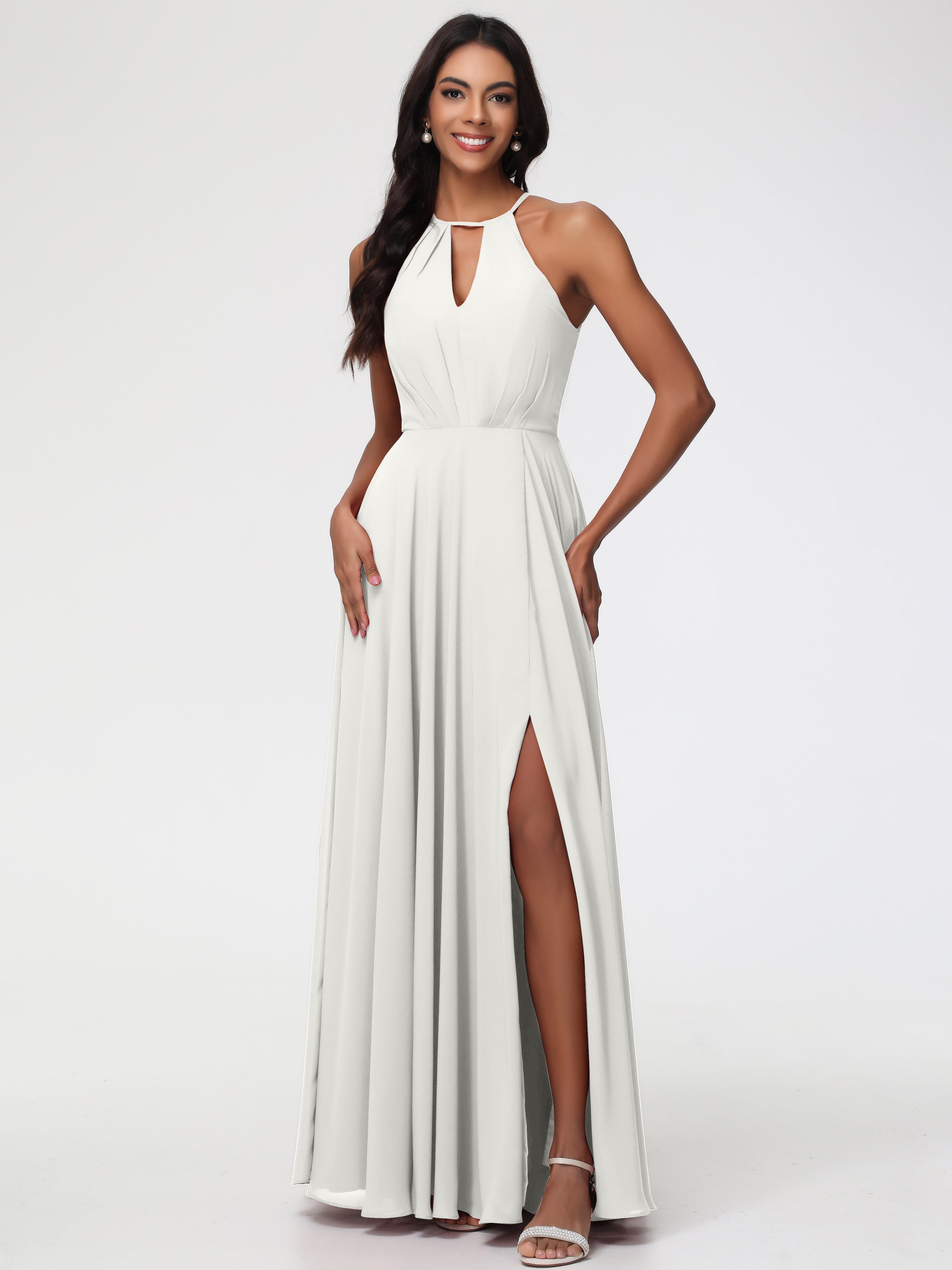 Robe Demoiselle D Honneur Ivoire Licou Fendue Mousseline Robe Demoiselle D'Honneur Longue Plissée
