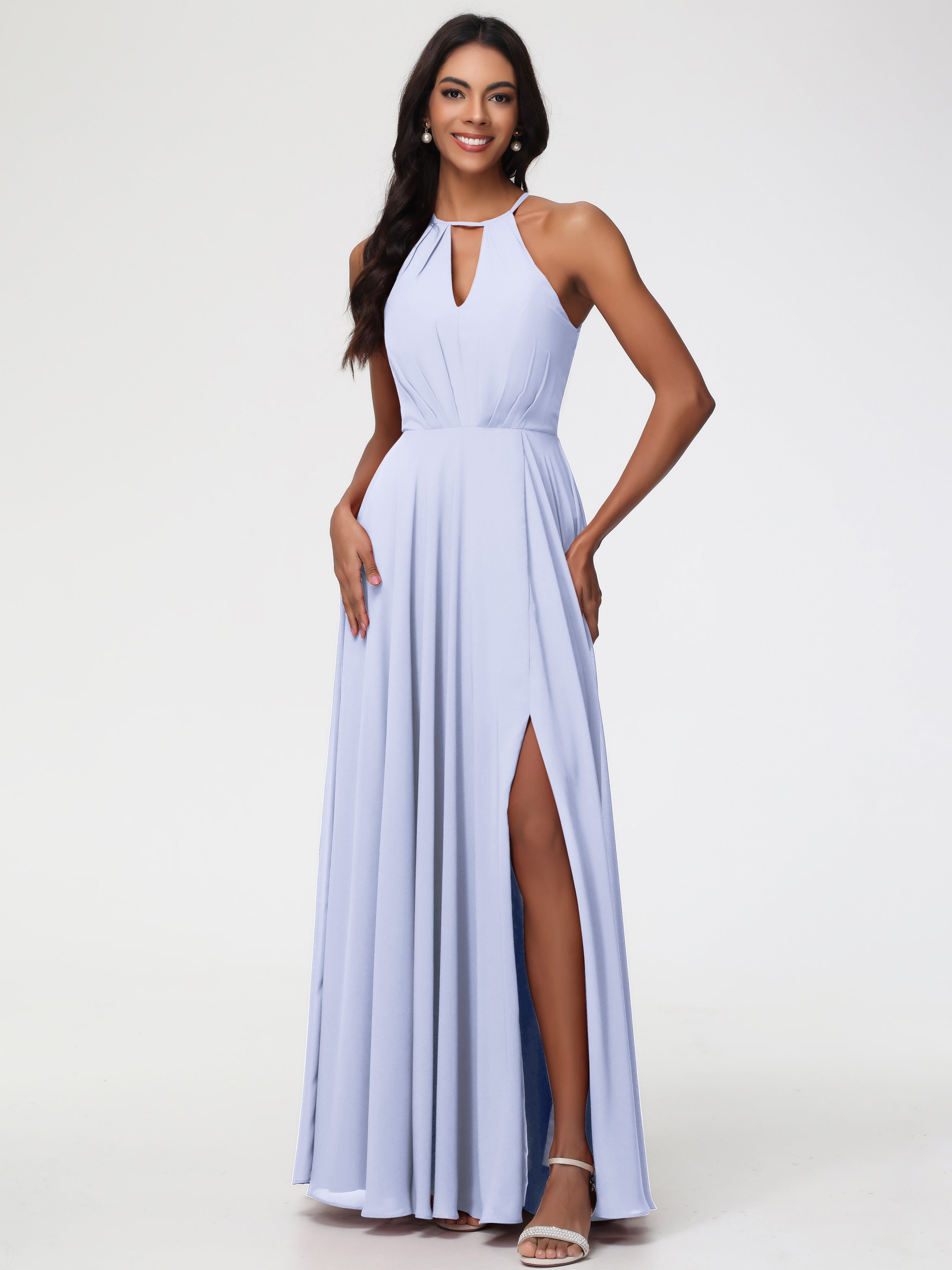 Robe Demoiselle D Honneur Lavande Licou Fendue Mousseline Robe Demoiselle D'Honneur Longue Plissée