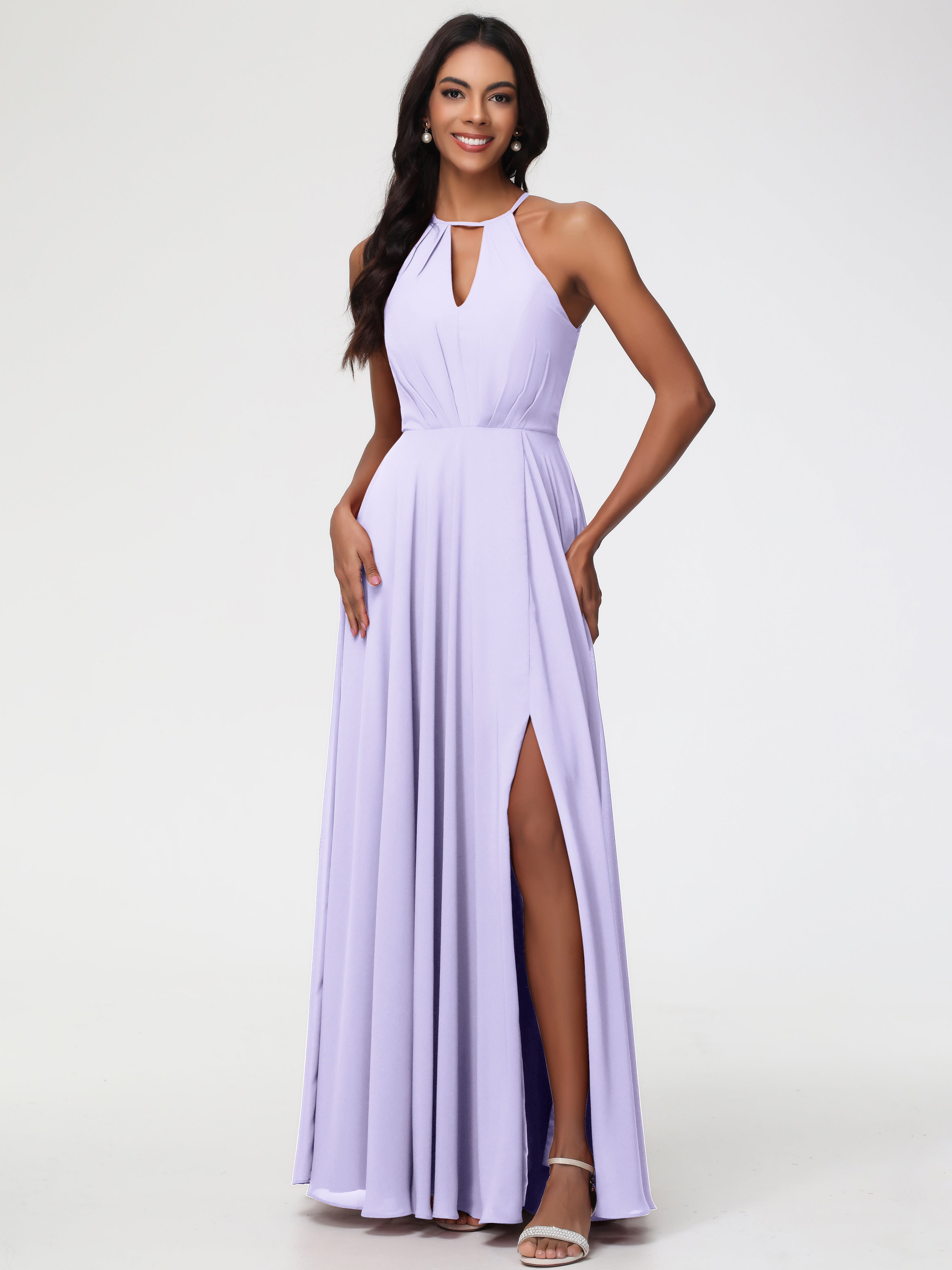 Robe Demoiselle D Honneur Lilas Licou Fendue Mousseline Robe Demoiselle D'Honneur Longue Plissée