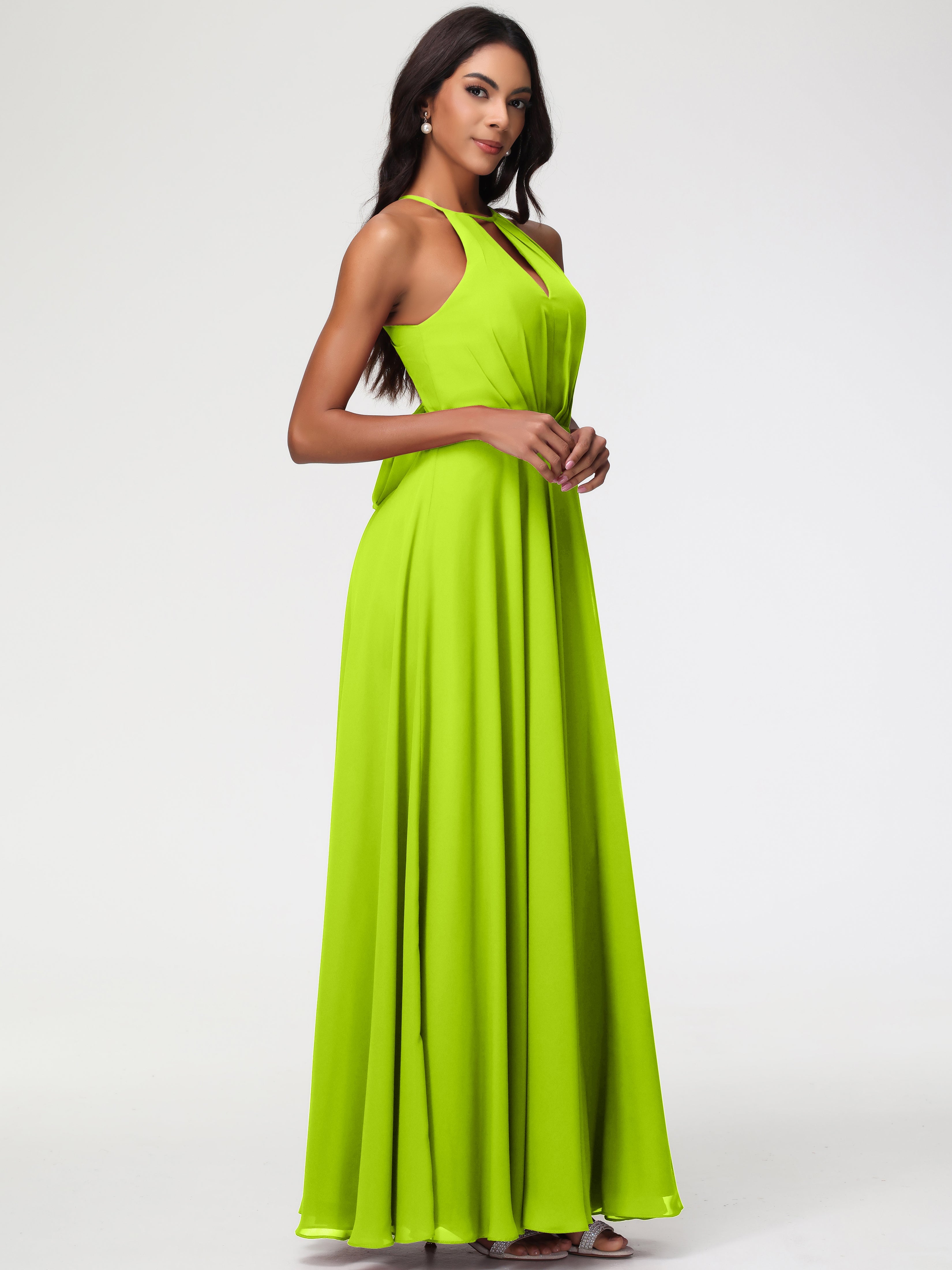 Robes De Demoiselle D'Honneur Vert Citron Licou Fendue Mousseline Robe Demoiselle D'Honneur Longue Plissée