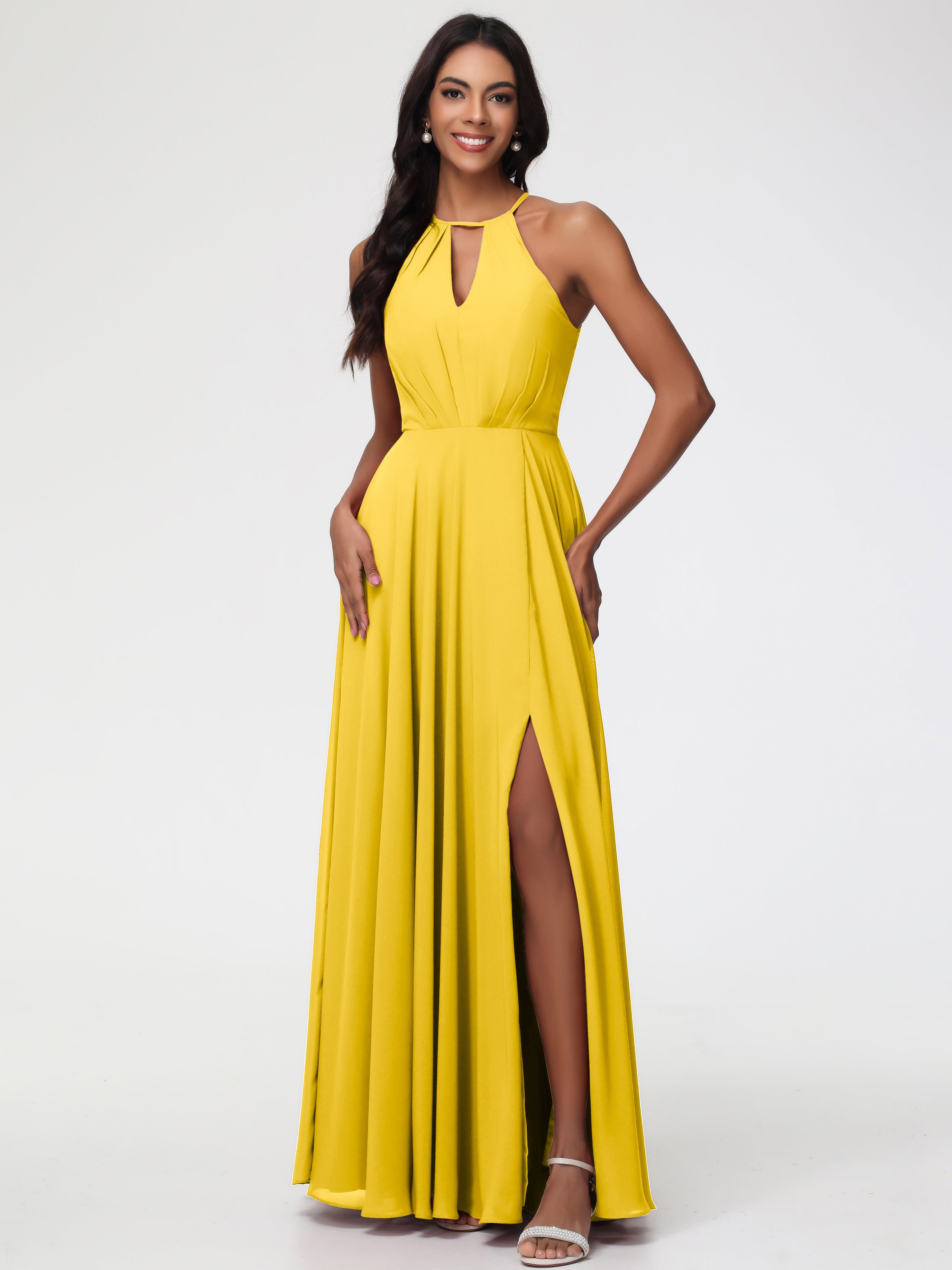 Robe De Demoiselle D'Honneur Souci Licou Fendue Mousseline Robe Demoiselle D'Honneur Longue Plissée