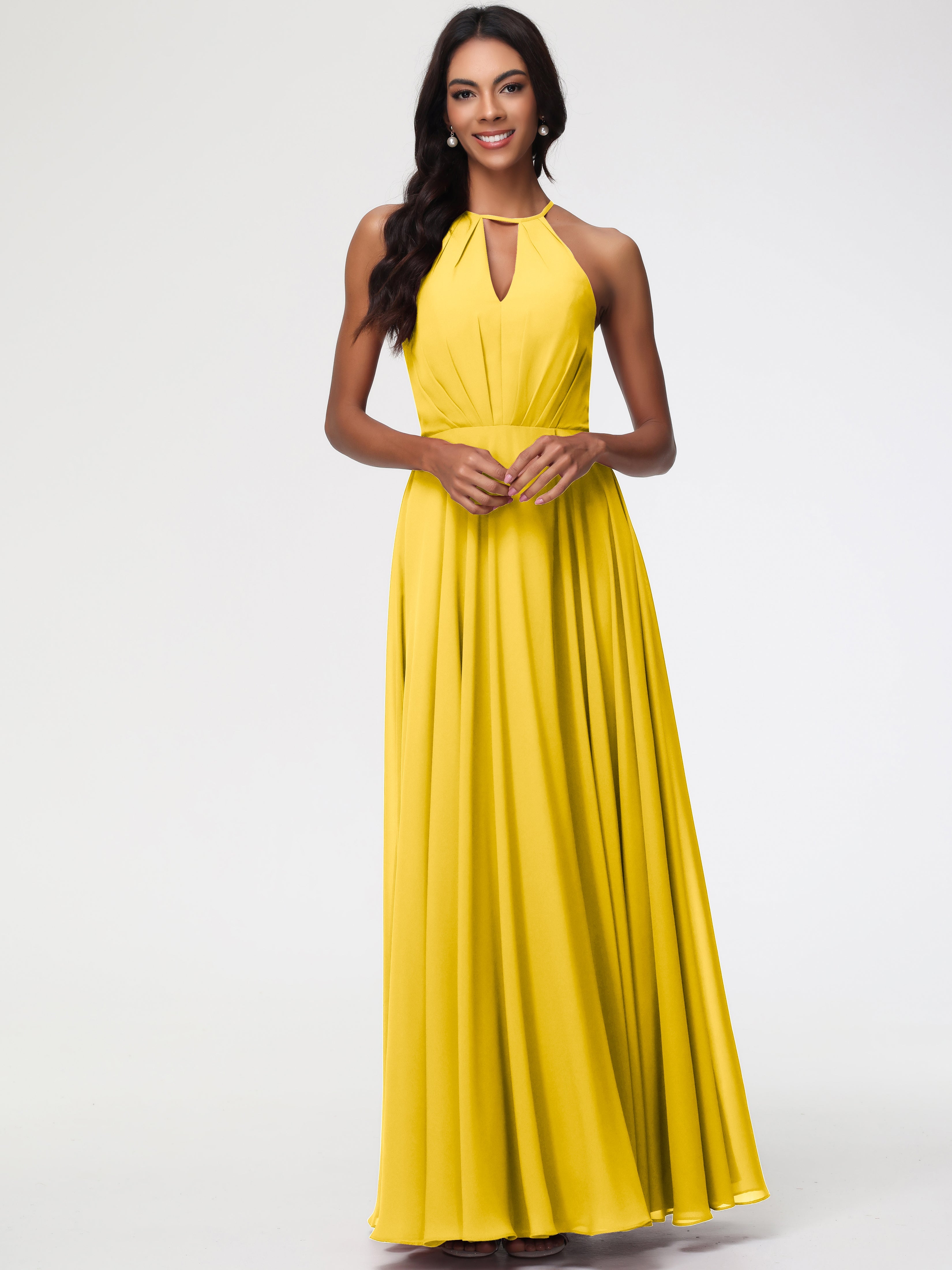 Robe De Demoiselle D'Honneur Souci Licou Fendue Mousseline Robe Demoiselle D'Honneur Longue Plissée