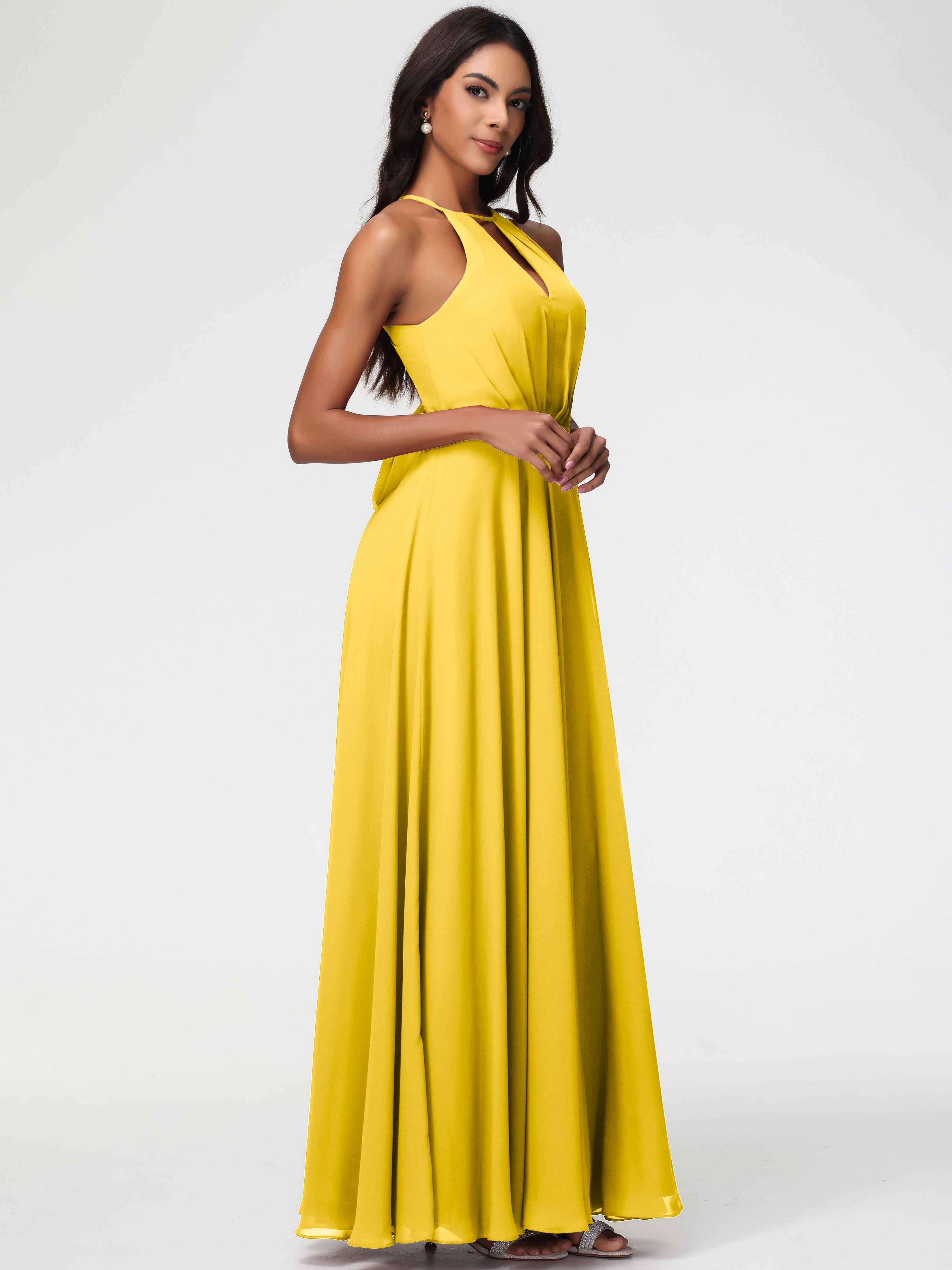 Robe De Demoiselle D'Honneur Souci Licou Fendue Mousseline Robe Demoiselle D'Honneur Longue Plissée