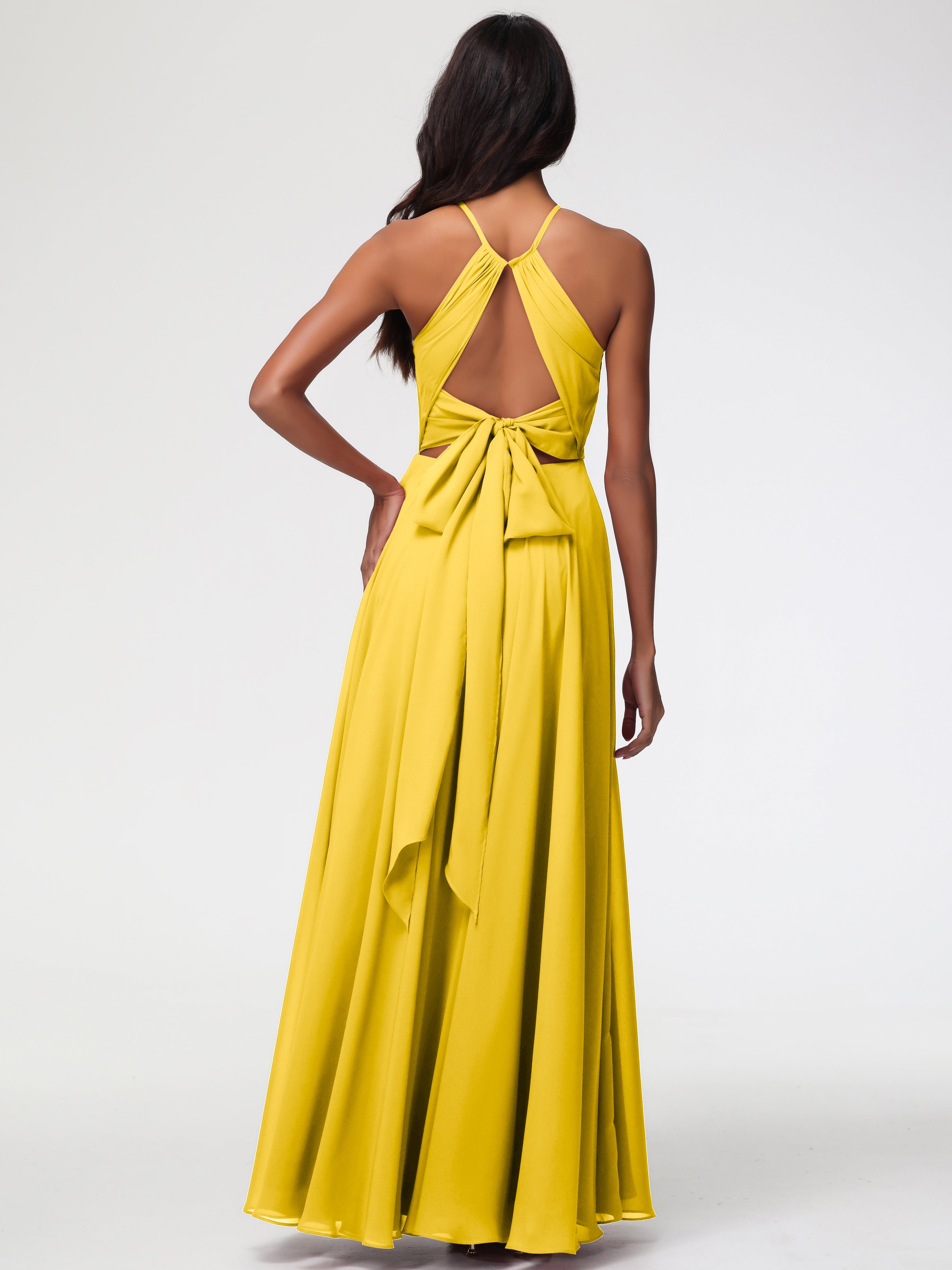 Robe De Demoiselle D'Honneur Souci Licou Fendue Mousseline Robe Demoiselle D'Honneur Longue Plissée