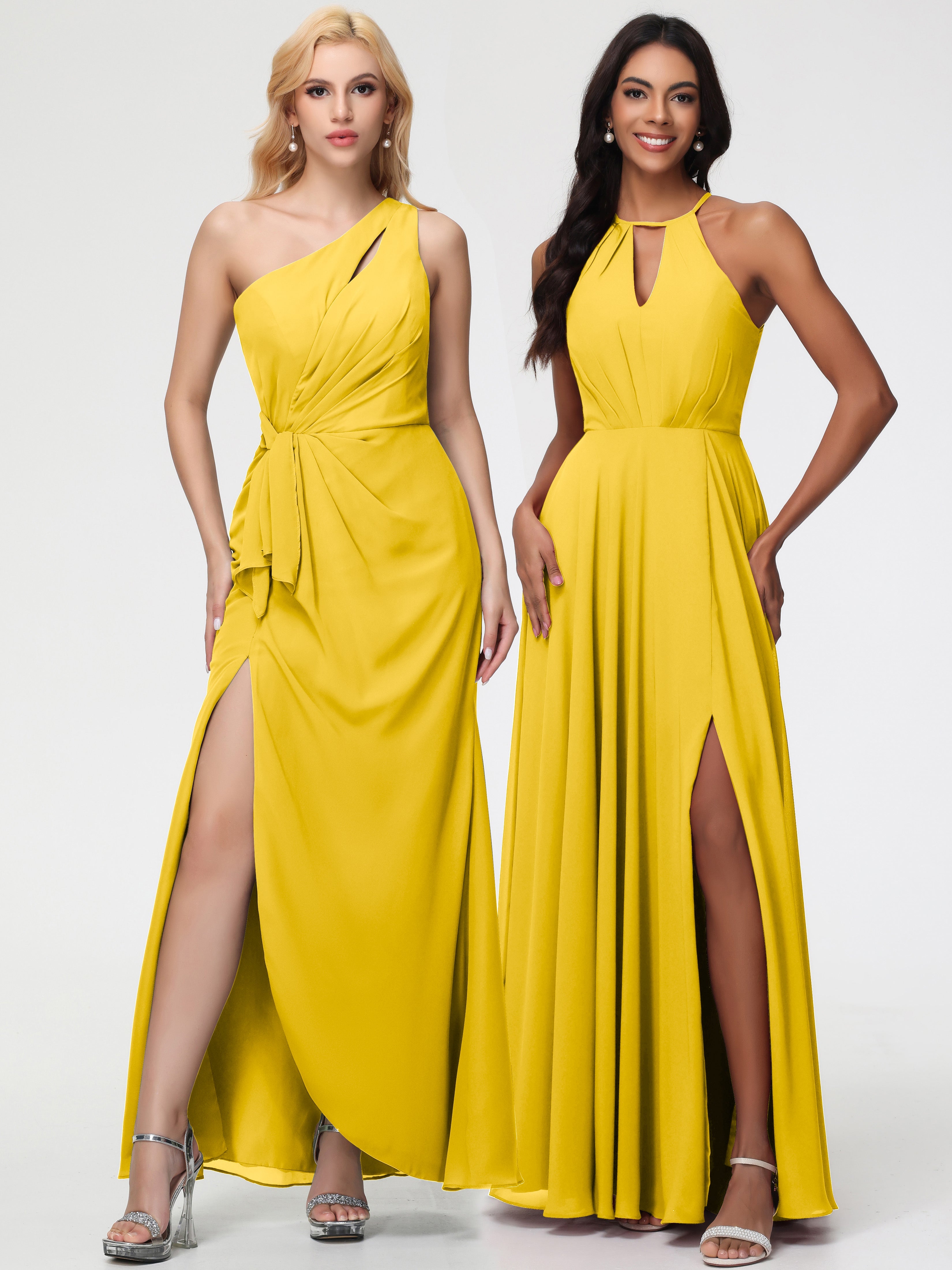 Robe De Demoiselle D'Honneur Souci Licou Fendue Mousseline Robe Demoiselle D'Honneur Longue Plissée