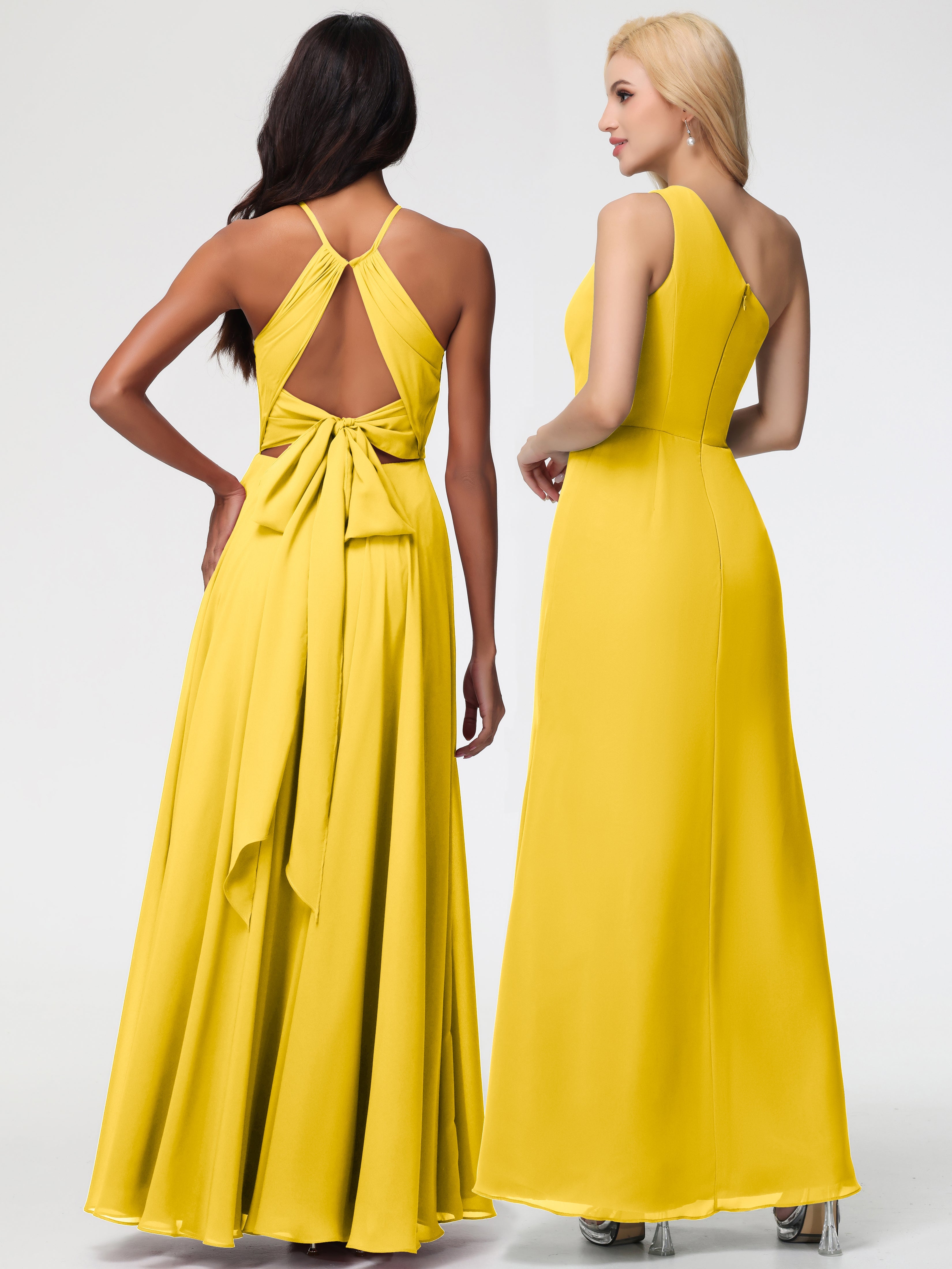 Robe De Demoiselle D'Honneur Souci Licou Fendue Mousseline Robe Demoiselle D'Honneur Longue Plissée