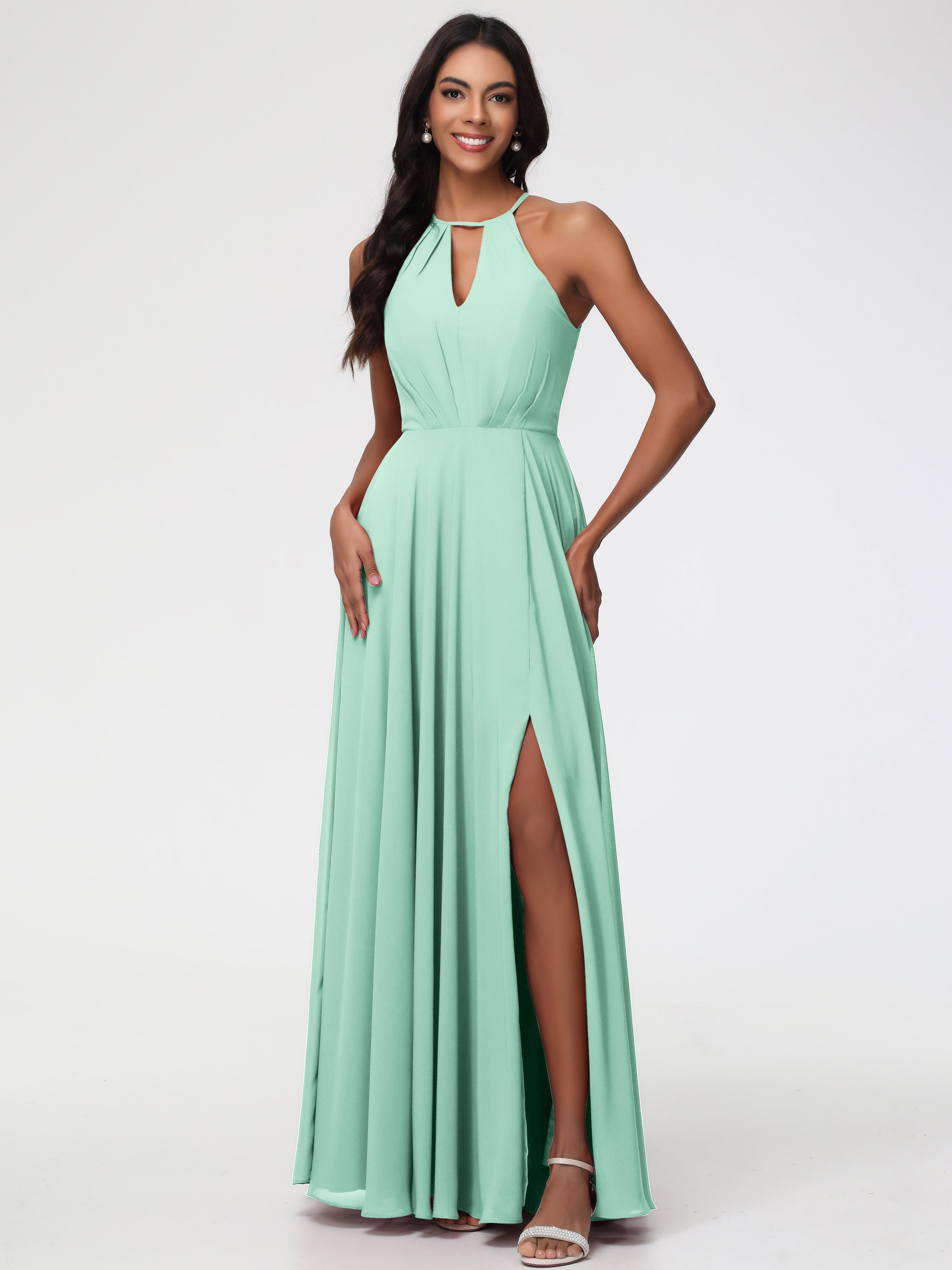 Robe Vert Menthe Demoiselle D Honneur Licou Fendue Mousseline Robe Demoiselle D'Honneur Longue Plissée