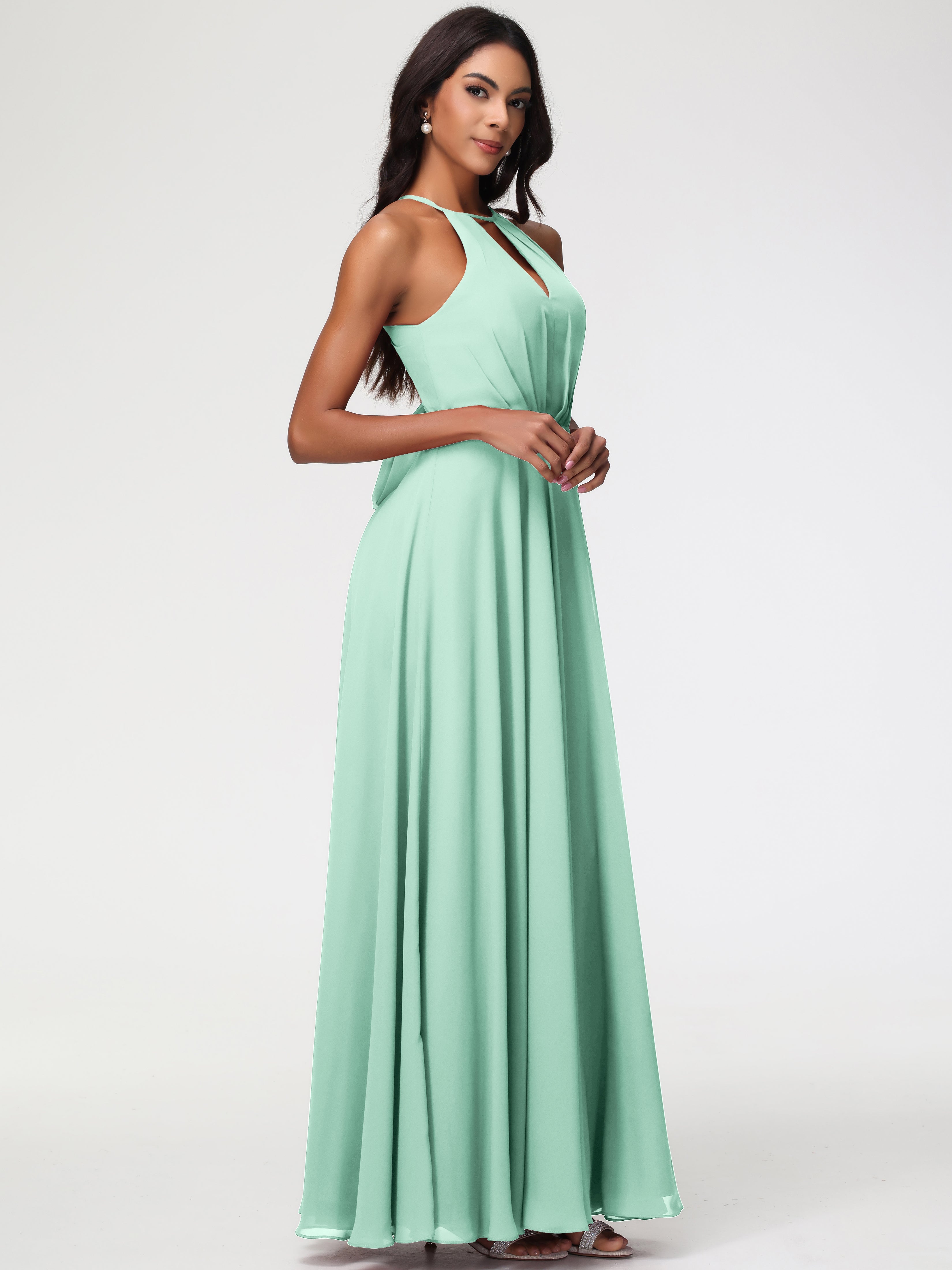 Robe Vert Menthe Demoiselle D Honneur Licou Fendue Mousseline Robe Demoiselle D'Honneur Longue Plissée