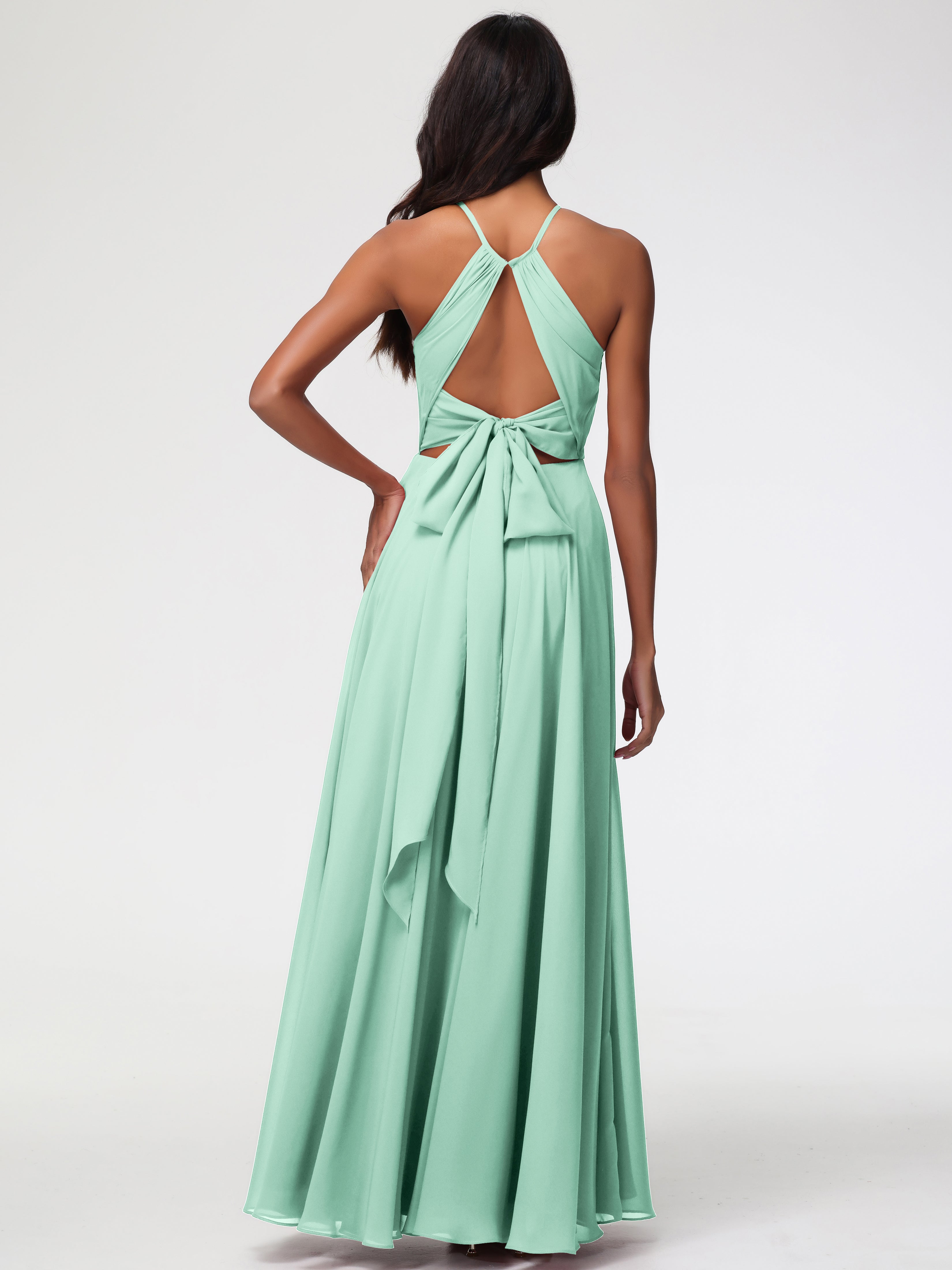 Robe Vert Menthe Demoiselle D Honneur Licou Fendue Mousseline Robe Demoiselle D'Honneur Longue Plissée