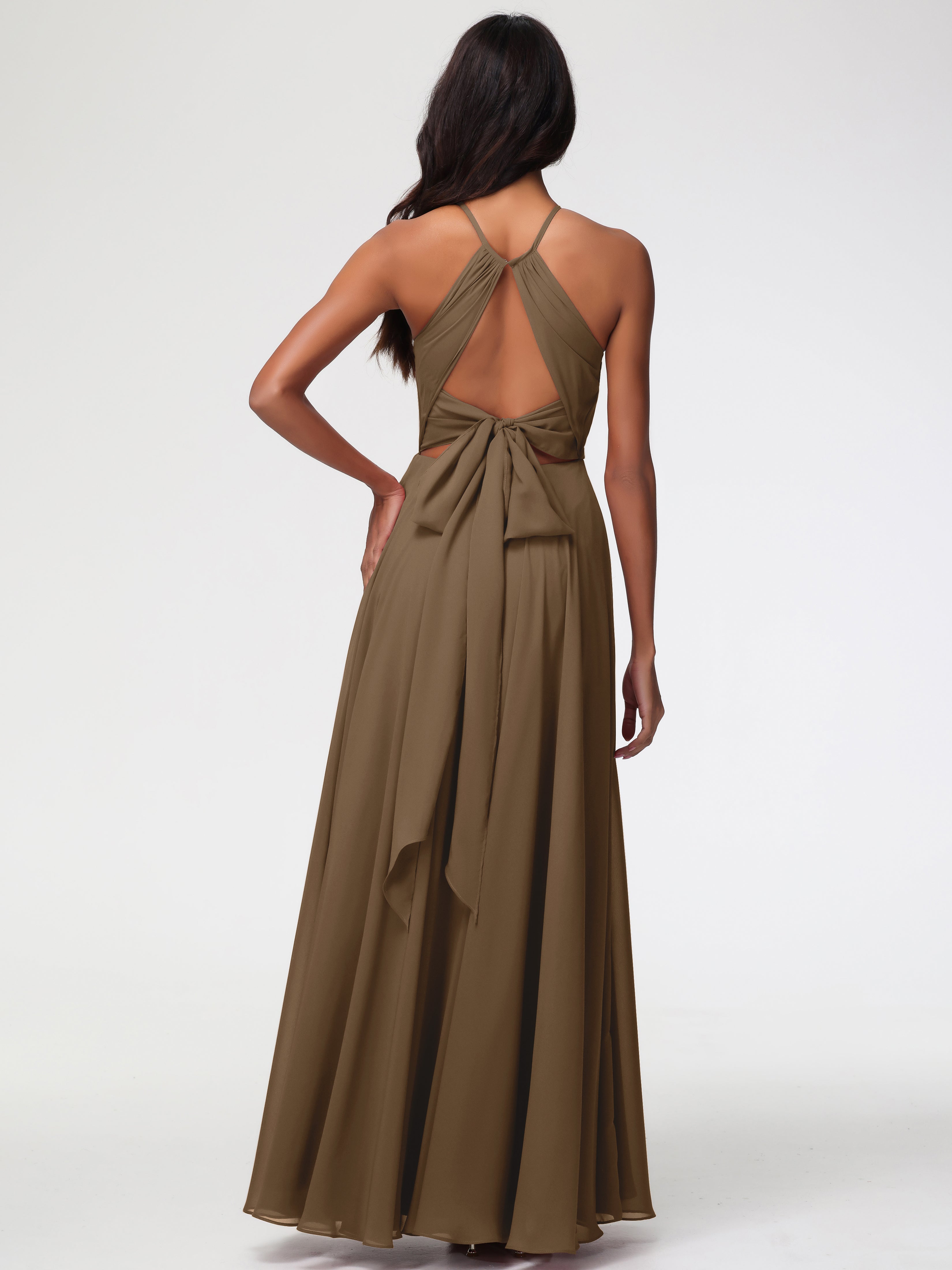 Robe Demoiselle D Honneur Moka Licou Fendue Mousseline Robe Demoiselle D'Honneur Longue Plissée