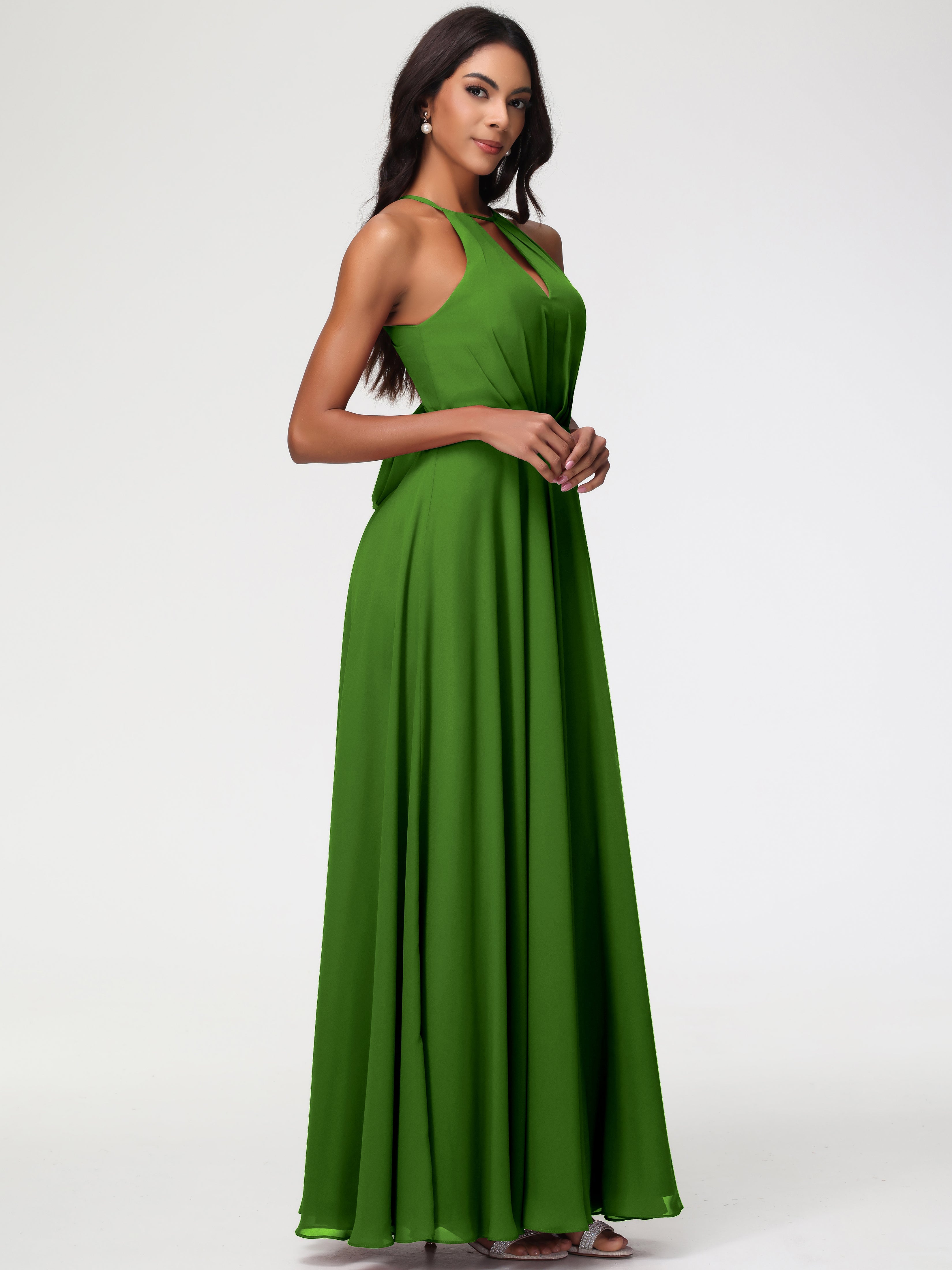 Robes De Demoiselle D'Honneur Vert Mousse Licou Fendue Mousseline Robe Demoiselle D'Honneur Longue Plissée