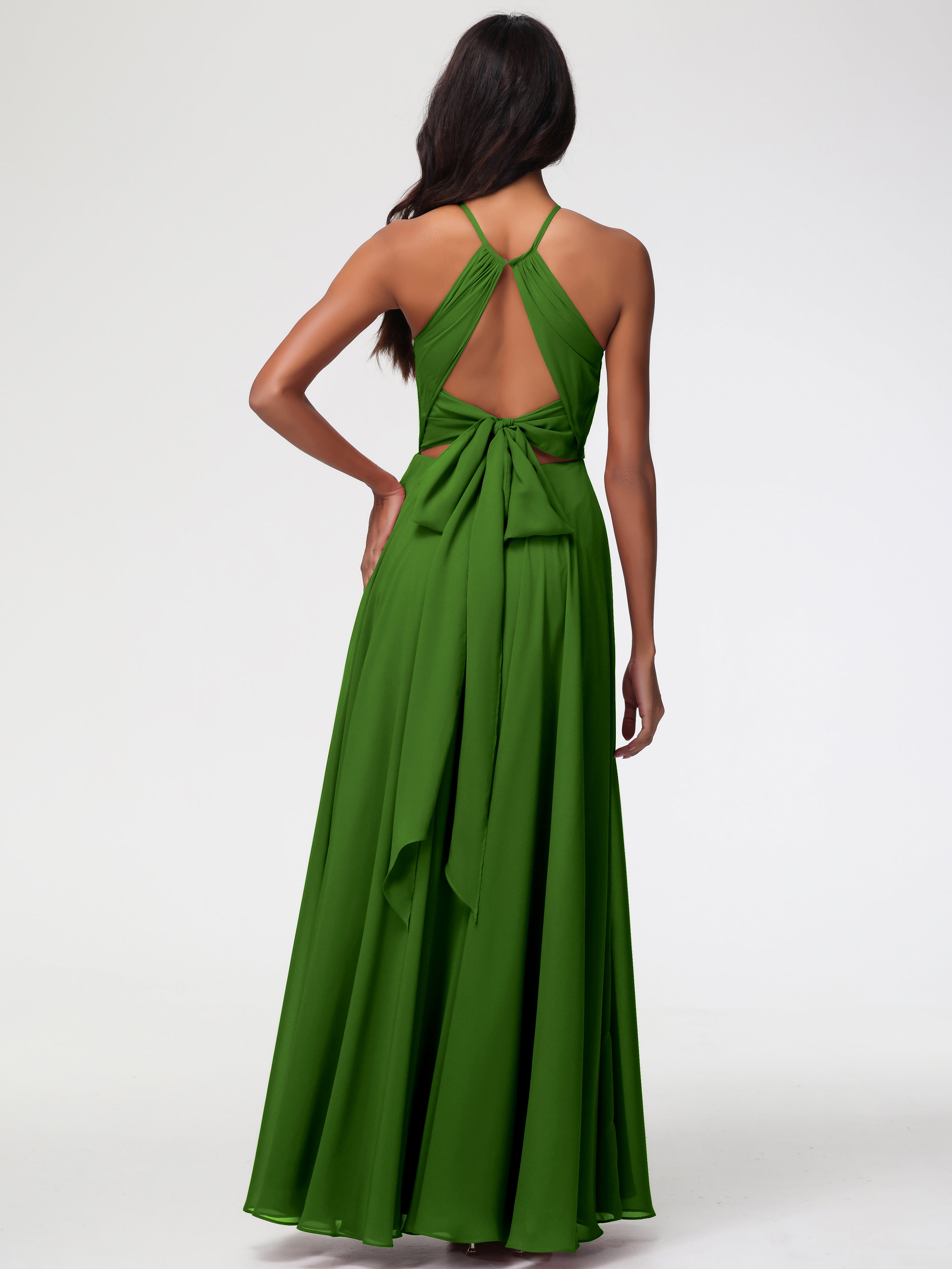 Robes De Demoiselle D'Honneur Vert Mousse Licou Fendue Mousseline Robe Demoiselle D'Honneur Longue Plissée