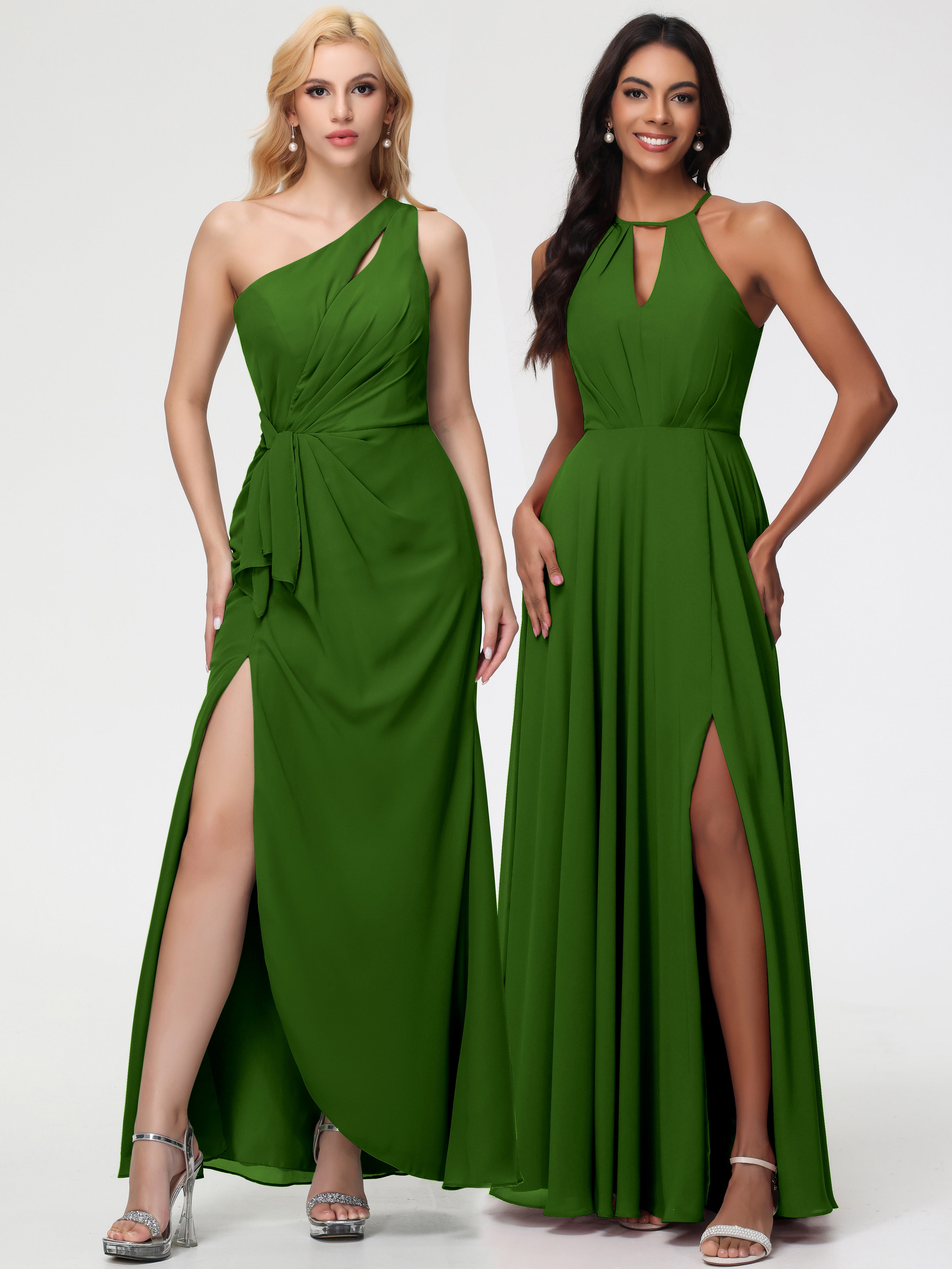 Robes De Demoiselle D'Honneur Vert Mousse Licou Fendue Mousseline Robe Demoiselle D'Honneur Longue Plissée