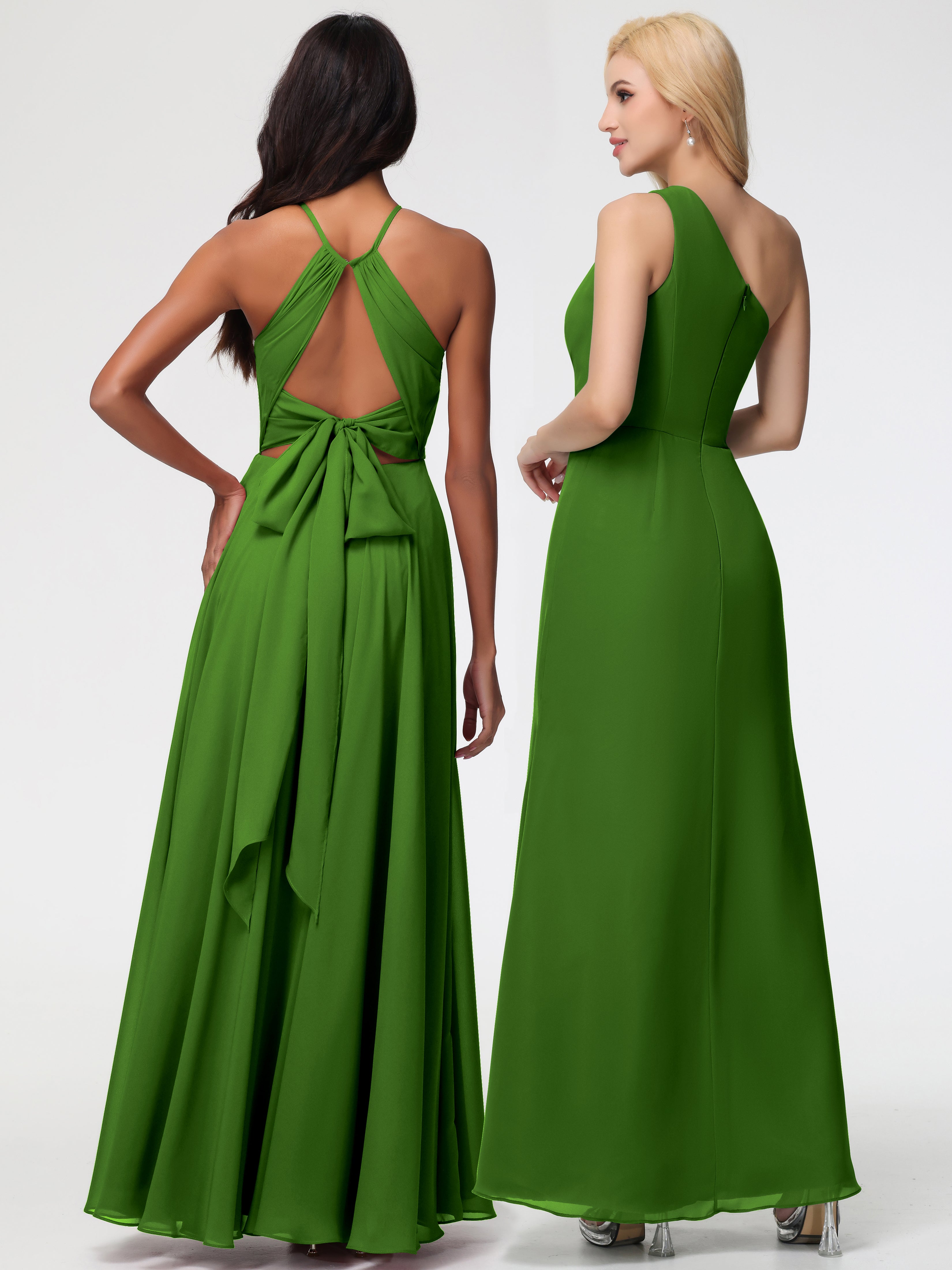 Robes De Demoiselle D'Honneur Vert Mousse Licou Fendue Mousseline Robe Demoiselle D'Honneur Longue Plissée