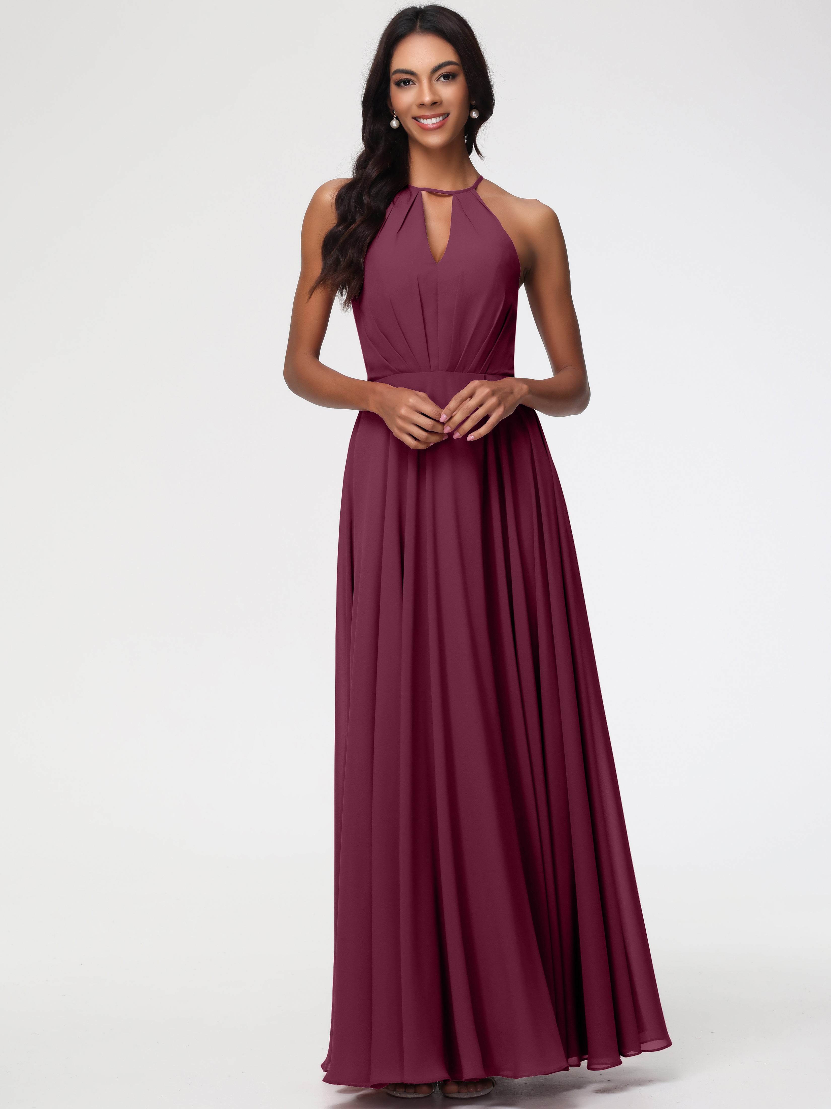 Robes De Demoiselle D'Honneur Mure Licou Fendue Mousseline Robe Demoiselle D'Honneur Longue Plissée