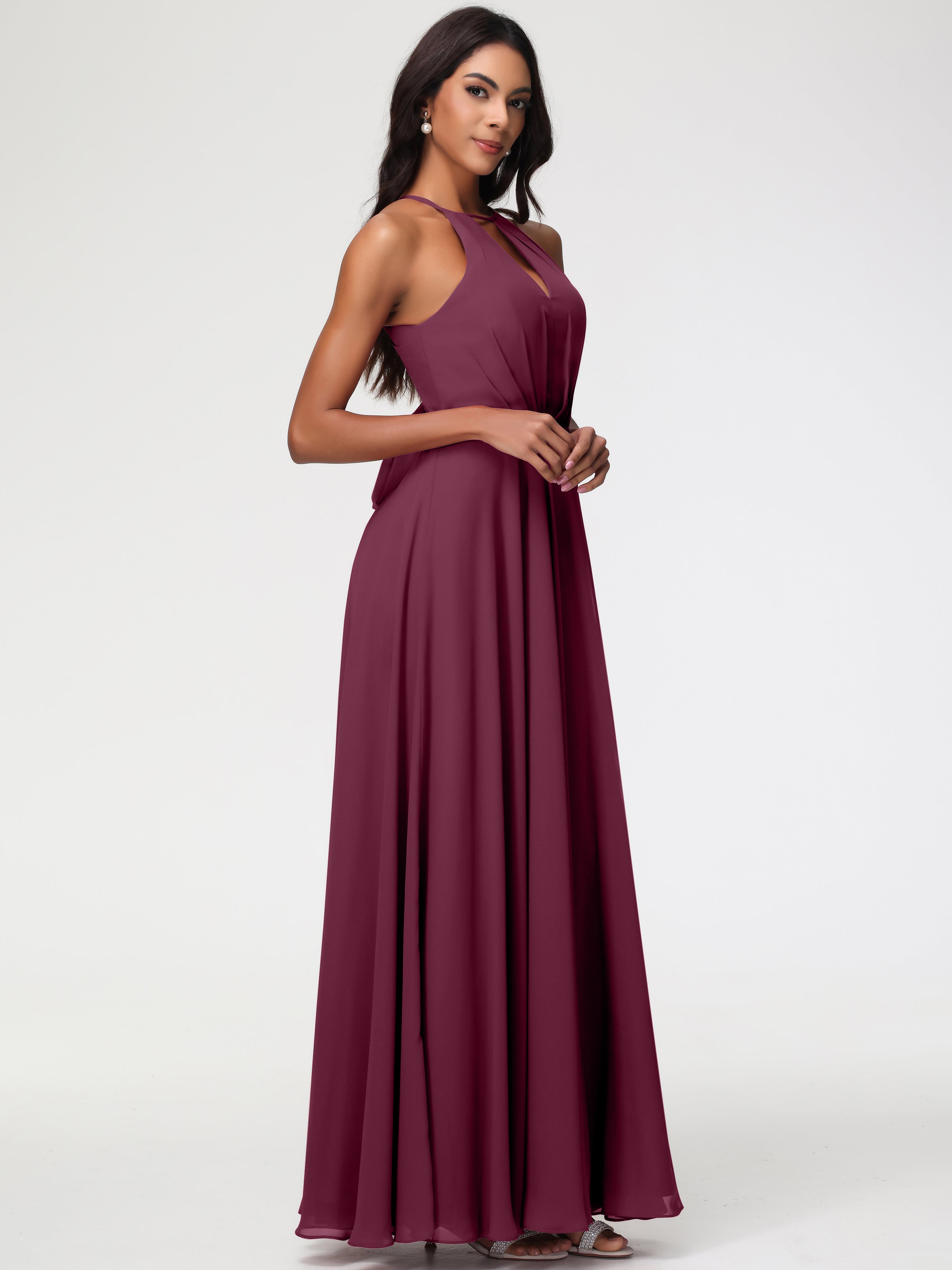 Robes De Demoiselle D'Honneur Mure Licou Fendue Mousseline Robe Demoiselle D'Honneur Longue Plissée
