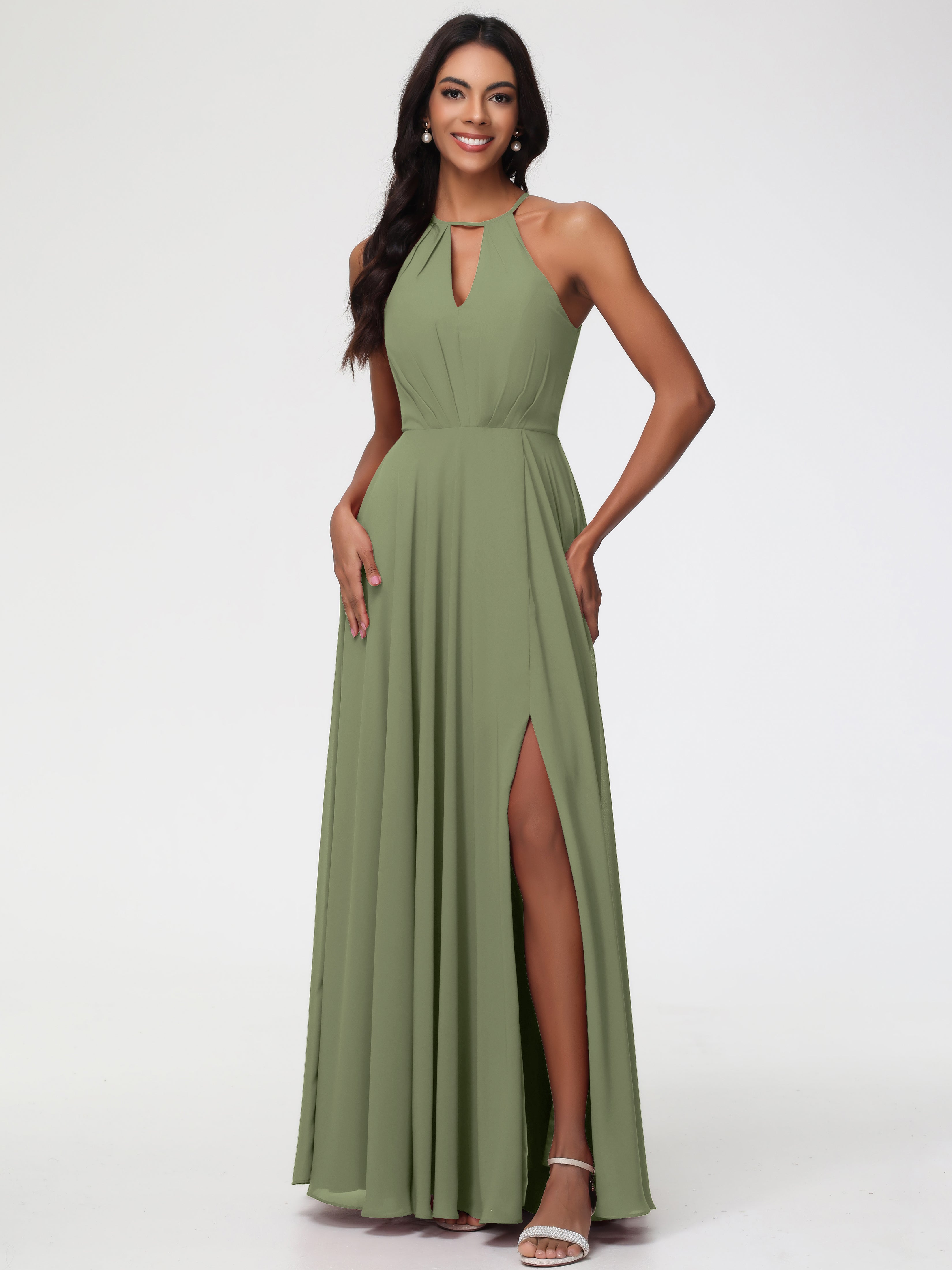 Robe Vert Olive Demoiselle D Honneur Licou Fendue Mousseline Robe Demoiselle D'Honneur Longue Plissée