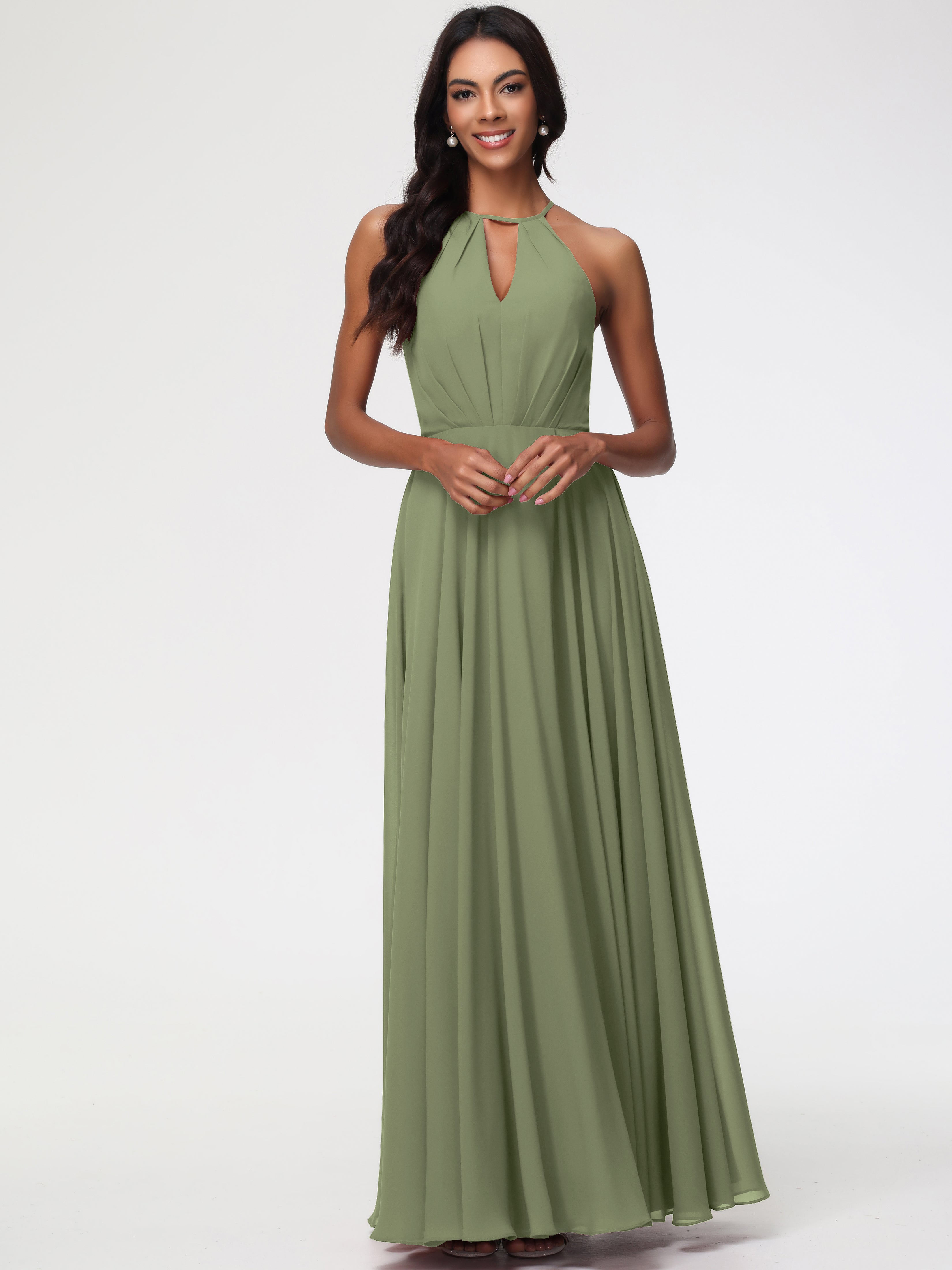Robe Vert Olive Demoiselle D Honneur Licou Fendue Mousseline Robe Demoiselle D'Honneur Longue Plissée