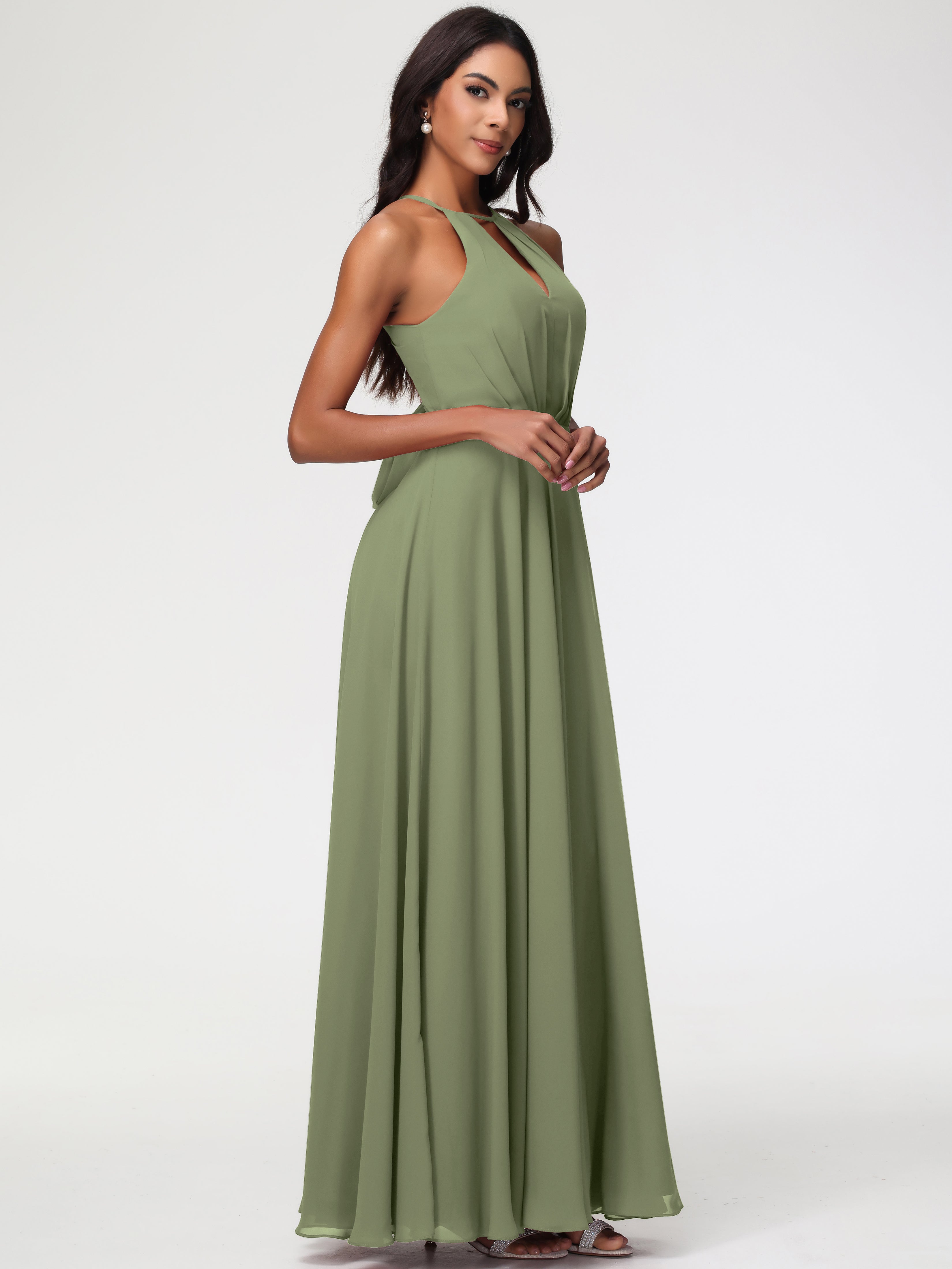 Robe Vert Olive Demoiselle D Honneur Licou Fendue Mousseline Robe Demoiselle D'Honneur Longue Plissée