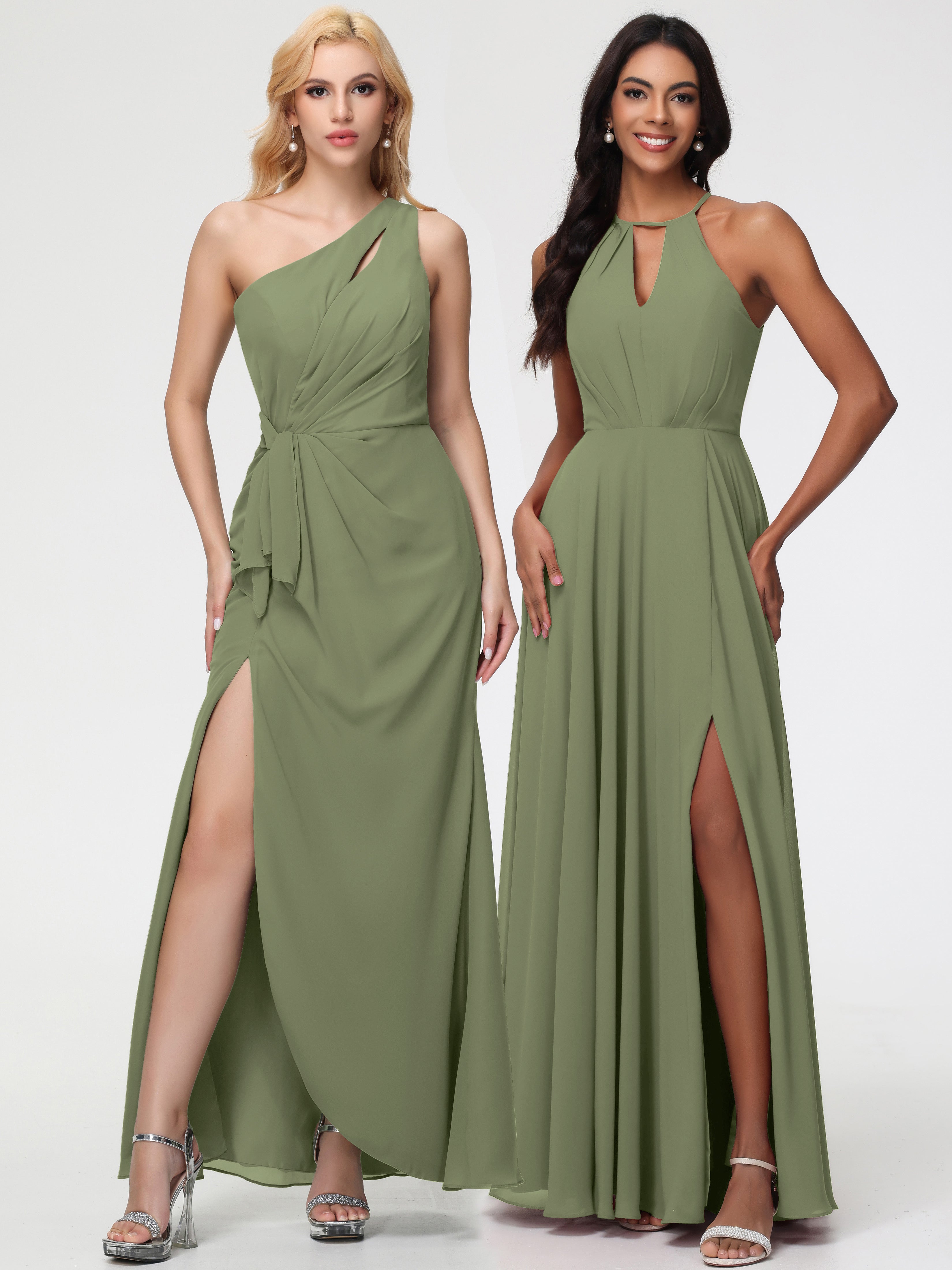 Robe Vert Olive Demoiselle D Honneur Licou Fendue Mousseline Robe Demoiselle D'Honneur Longue Plissée