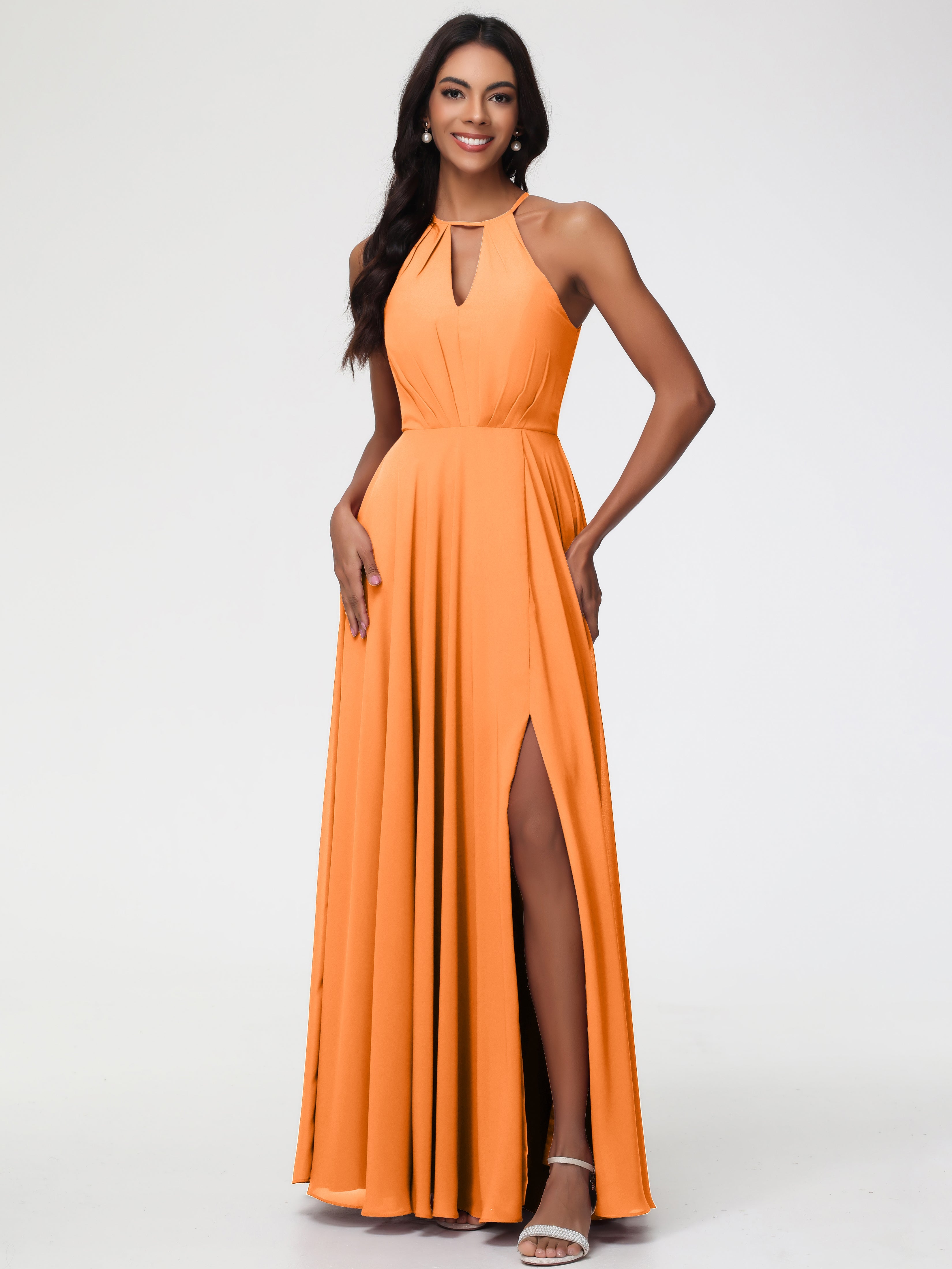 Robe Demoiselle D Honneur Orange Licou Fendue Mousseline Robe Demoiselle D'Honneur Longue Plissée