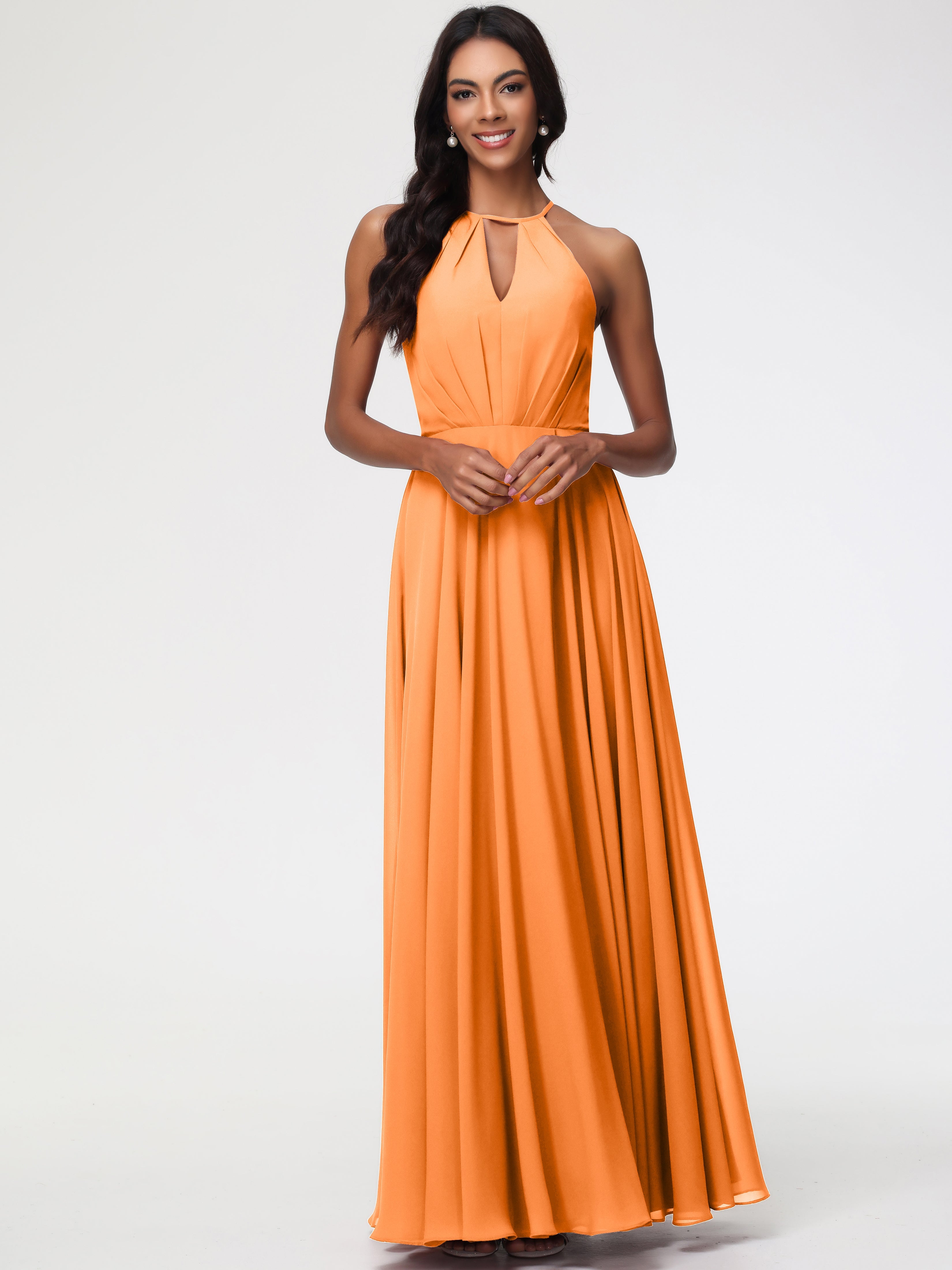 Robe Demoiselle D Honneur Orange Licou Fendue Mousseline Robe Demoiselle D'Honneur Longue Plissée