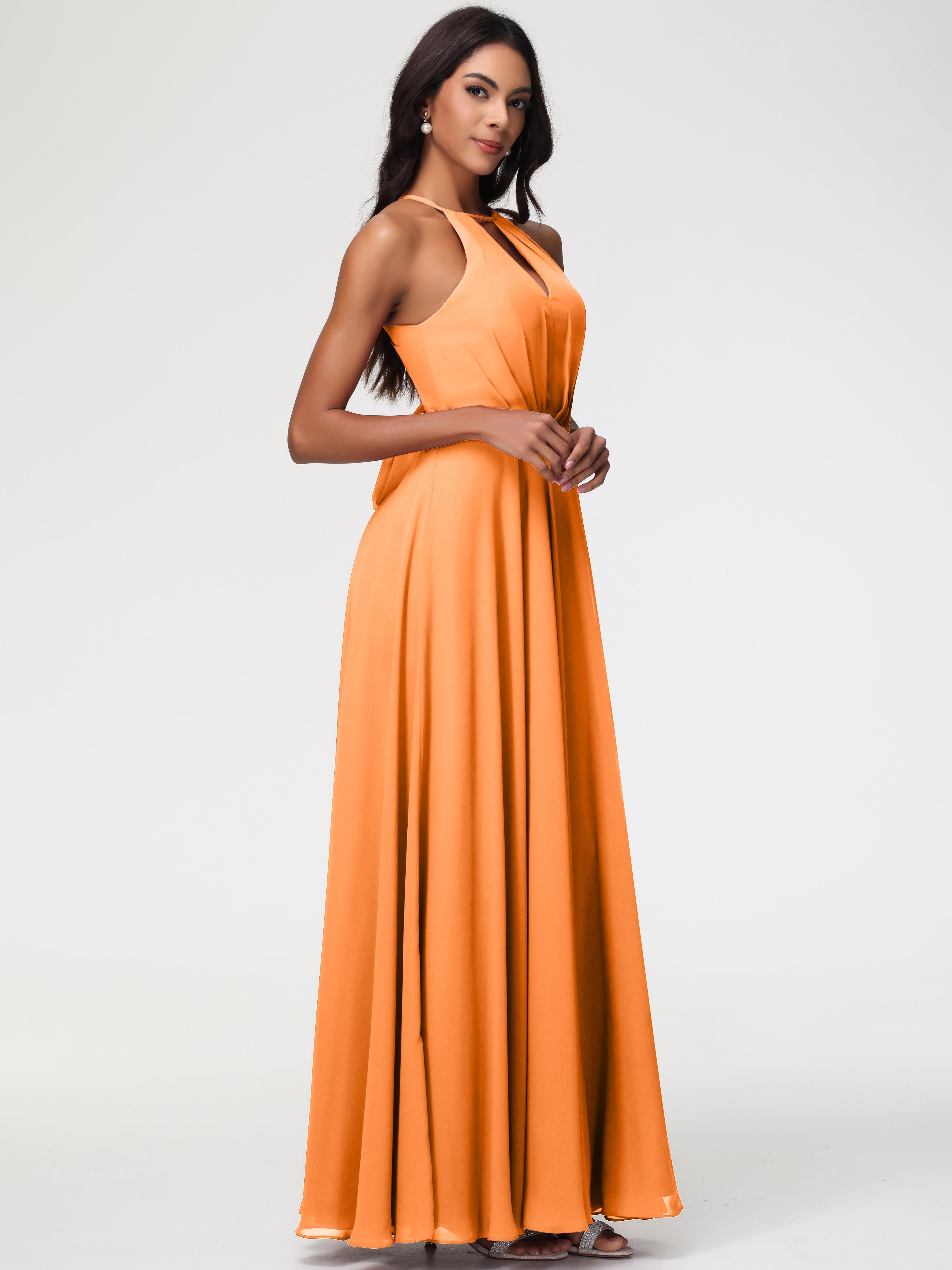 Robe Demoiselle D Honneur Orange Licou Fendue Mousseline Robe Demoiselle D'Honneur Longue Plissée