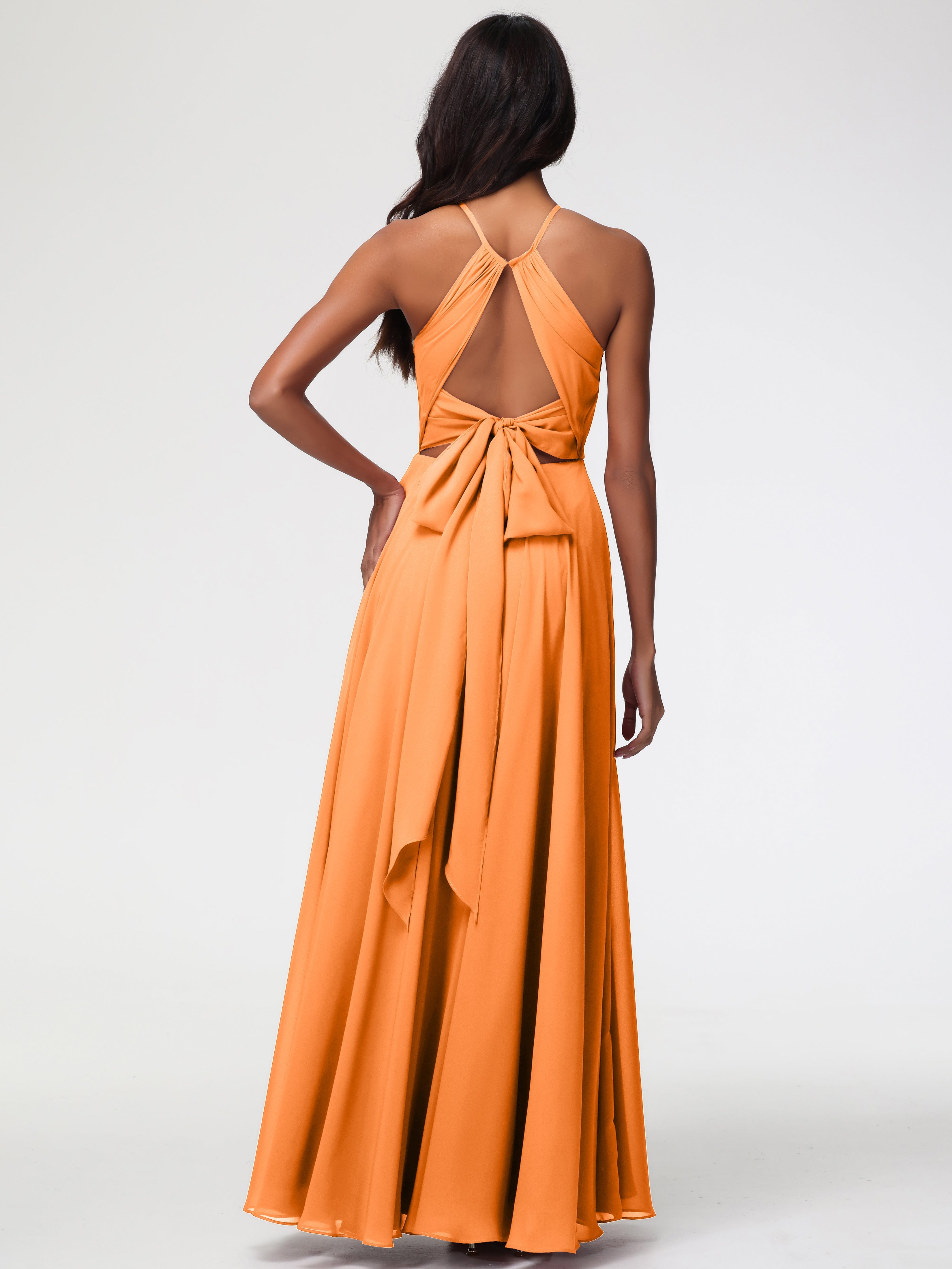 Robe Demoiselle D Honneur Orange Licou Fendue Mousseline Robe Demoiselle D'Honneur Longue Plissée