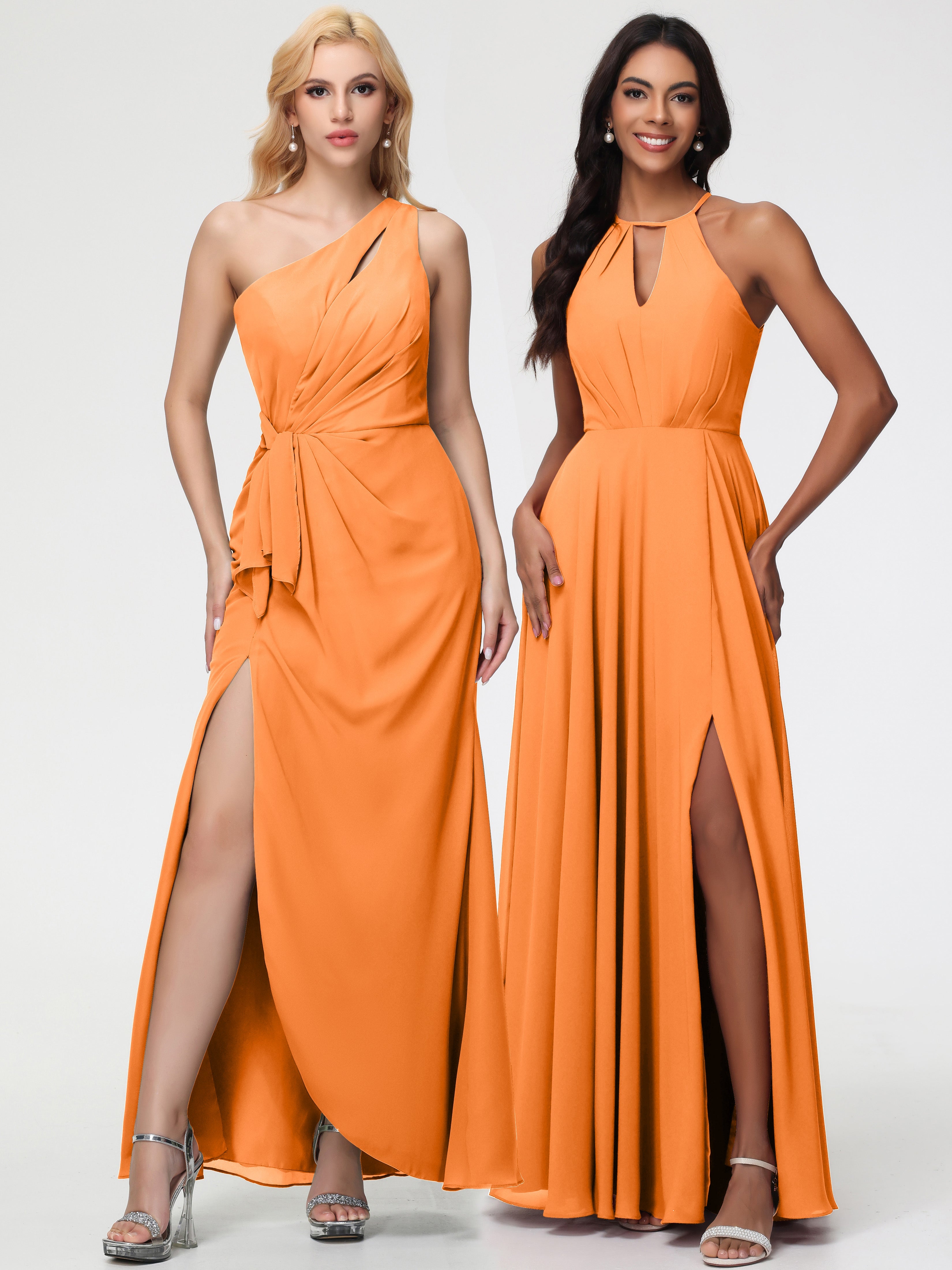 Robe Demoiselle D Honneur Orange Licou Fendue Mousseline Robe Demoiselle D'Honneur Longue Plissée