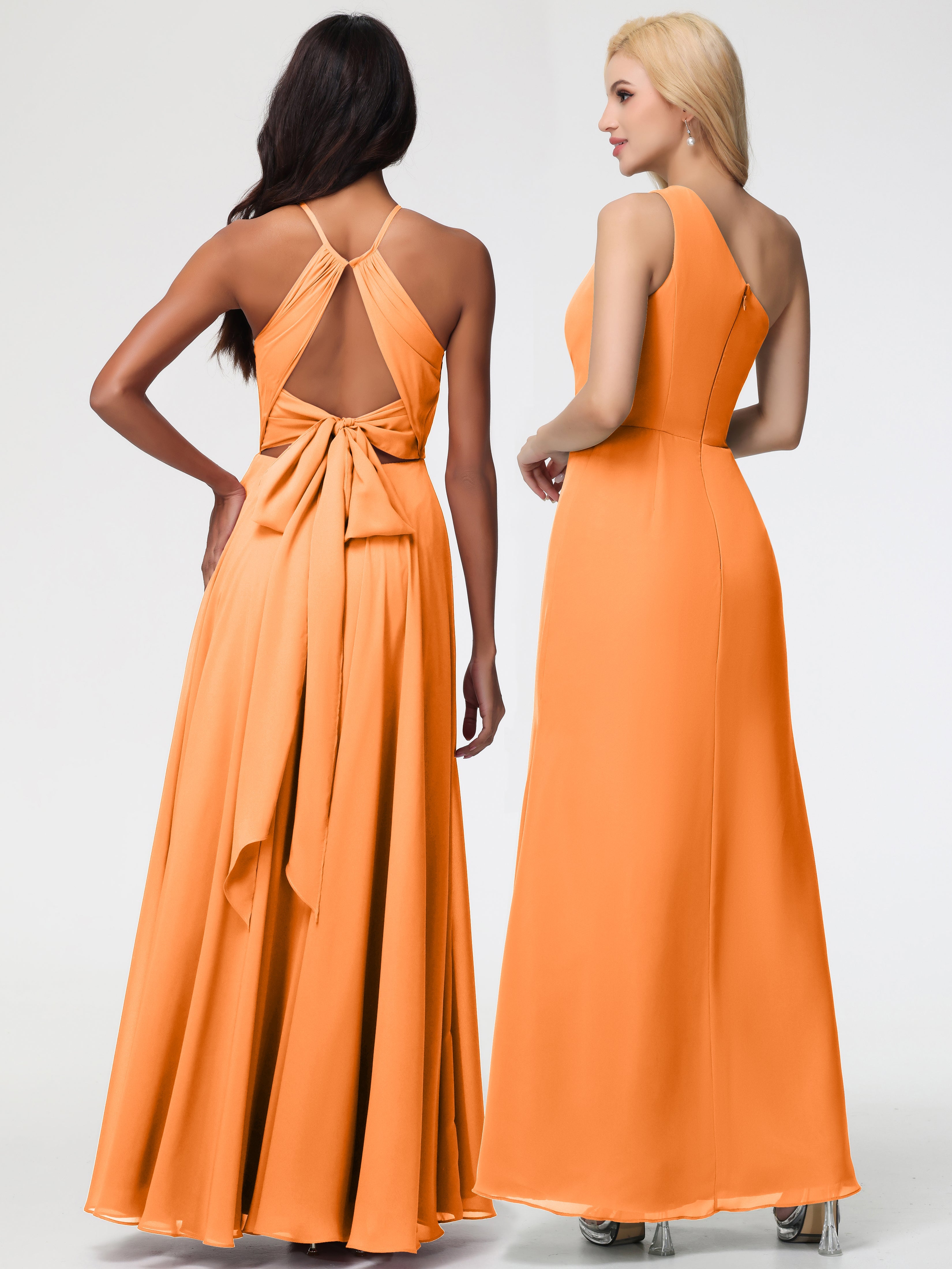 Robe Demoiselle D Honneur Orange Licou Fendue Mousseline Robe Demoiselle D'Honneur Longue Plissée