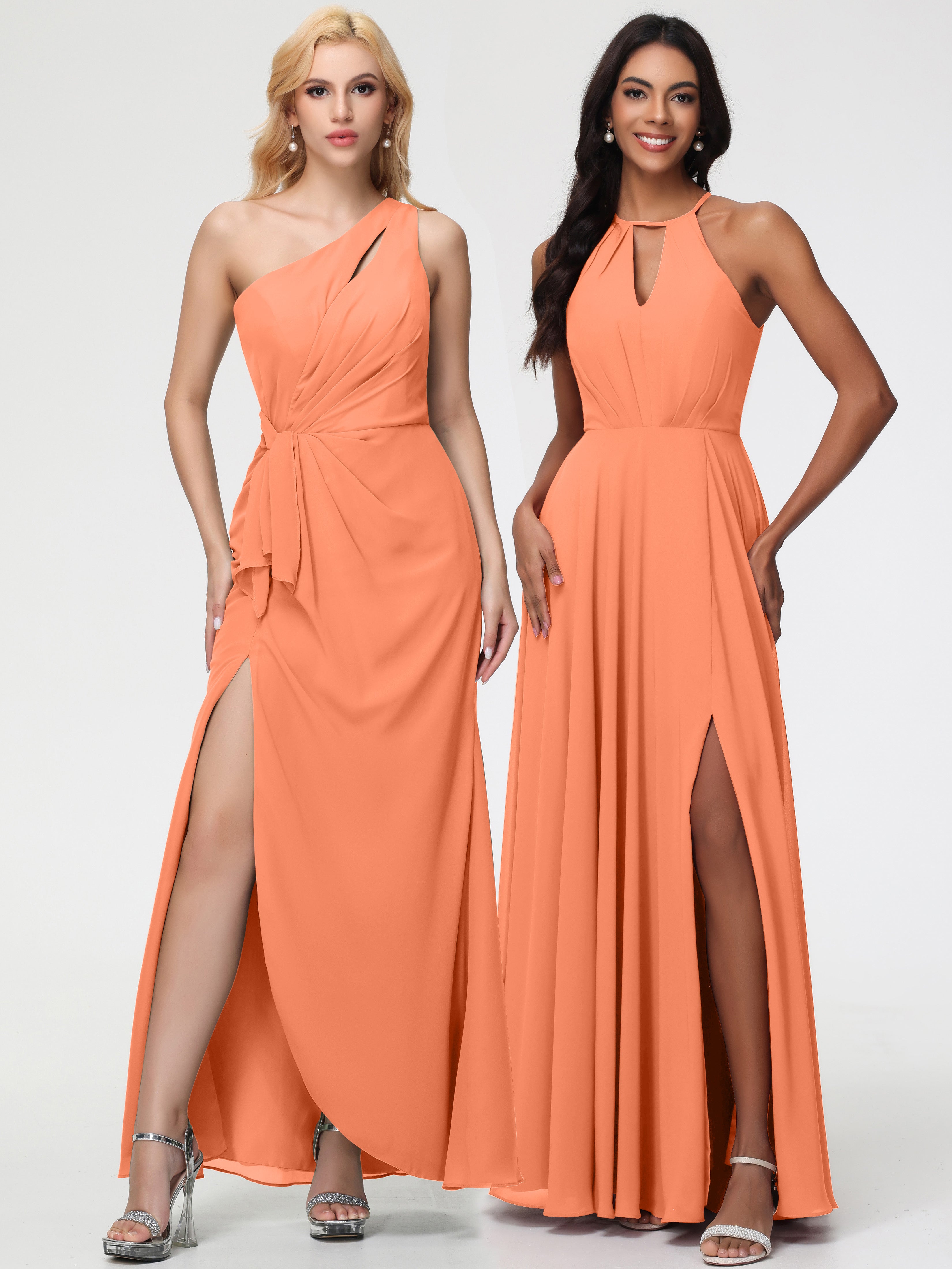 Robes De Demoiselle D'Honneur Papaye Licou Fendue Mousseline Robe Demoiselle D'Honneur Longue Plissée