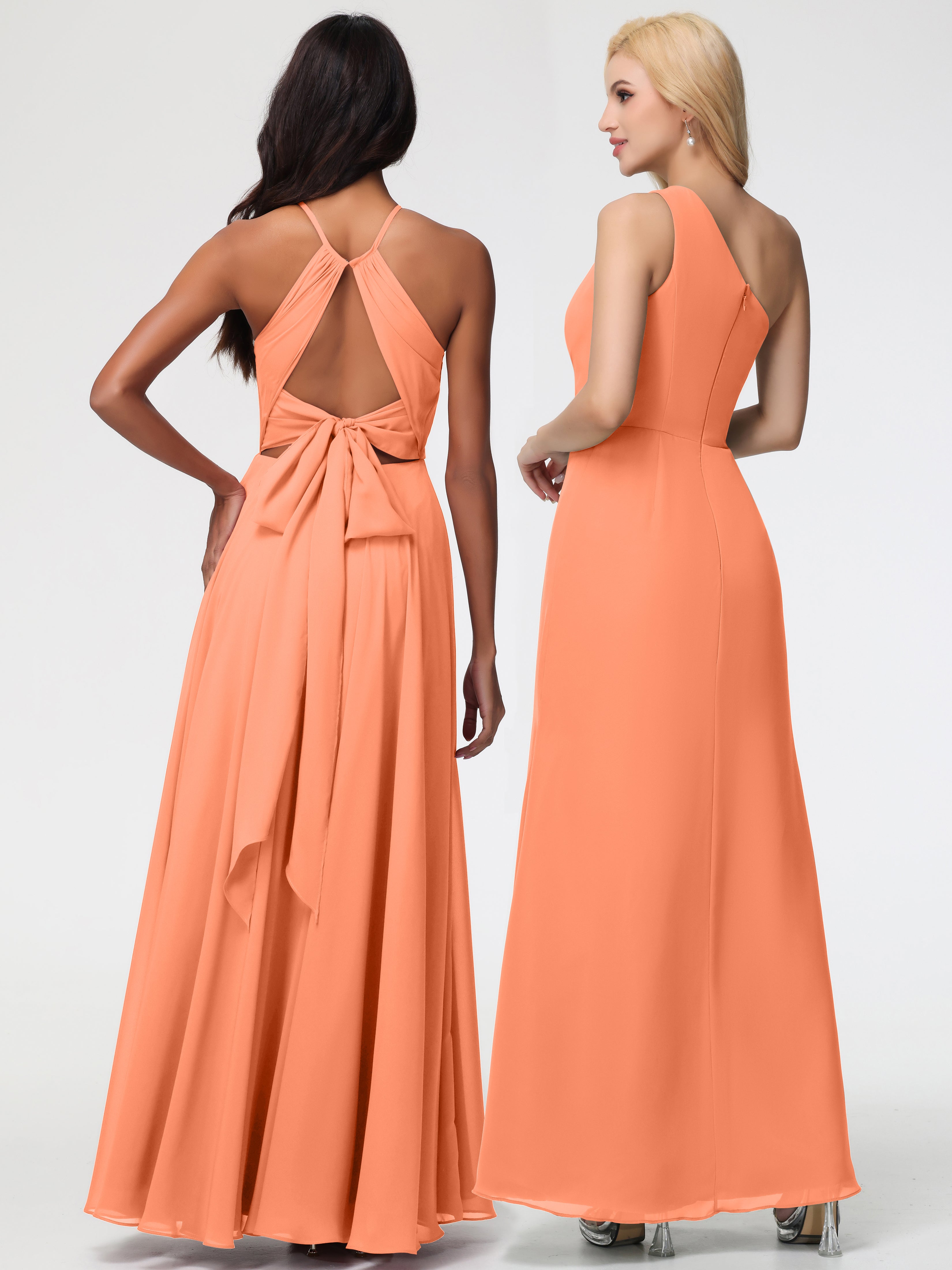 Robes De Demoiselle D'Honneur Papaye Licou Fendue Mousseline Robe Demoiselle D'Honneur Longue Plissée